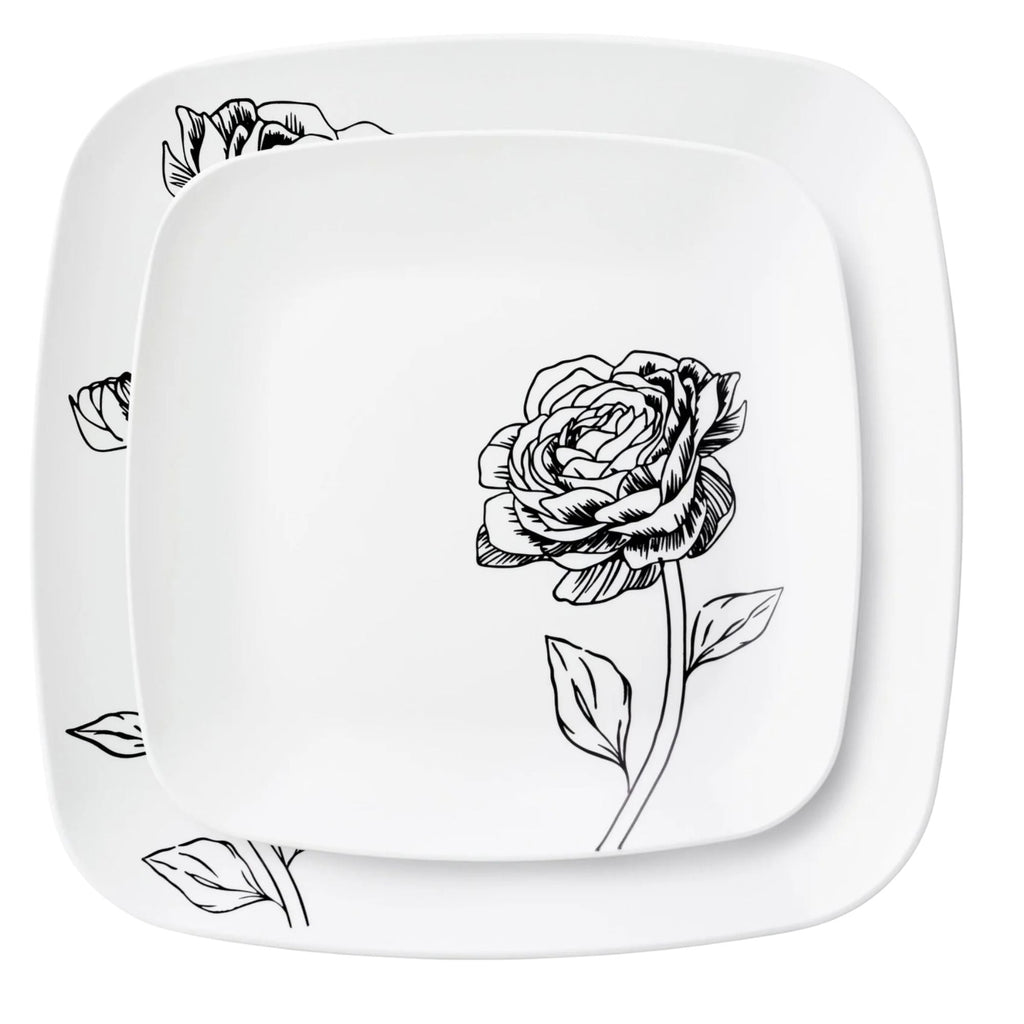 10.25"&7.25" White and Black Square Disposable Plastic Plates COMBO Set-Peony 32Pc Set