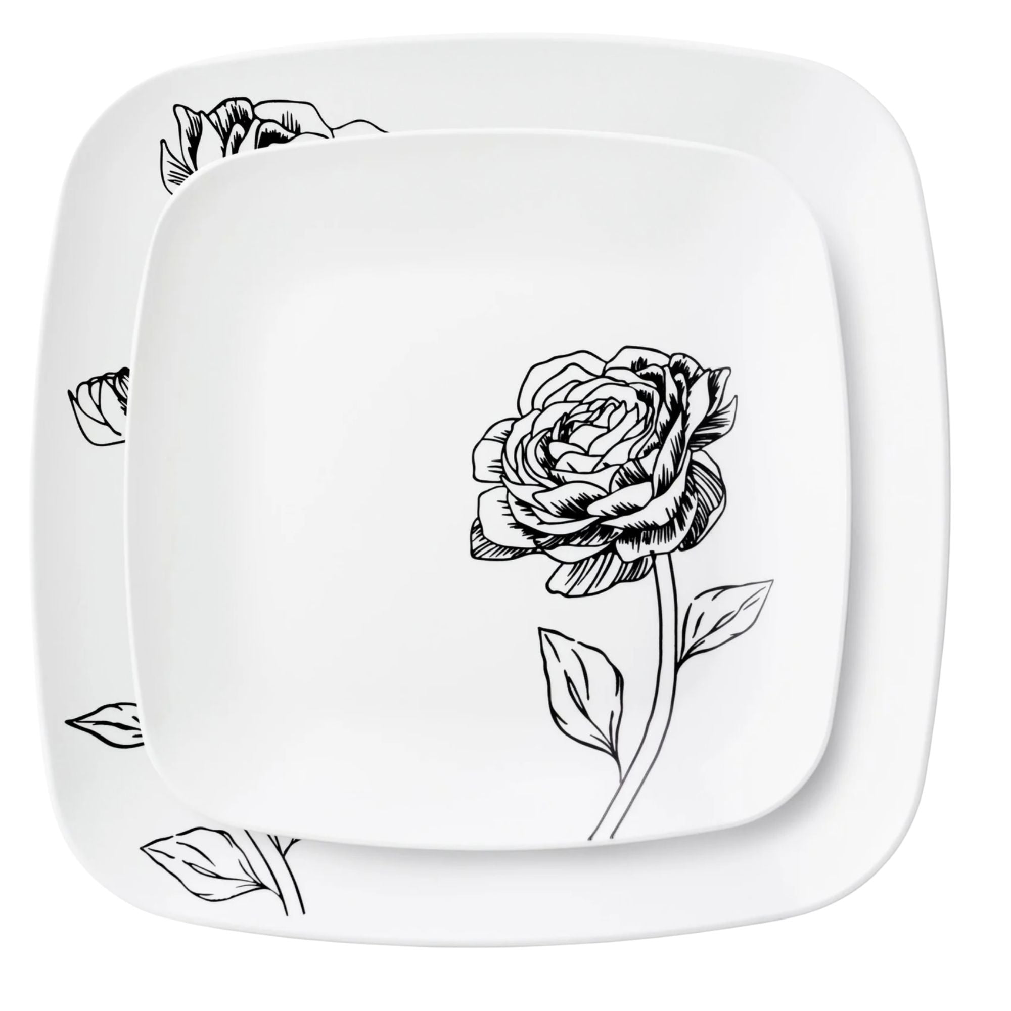 10.25"&7.25" White and Black Square Disposable Plastic Plates COMBO Set-Peony 32Pc Set