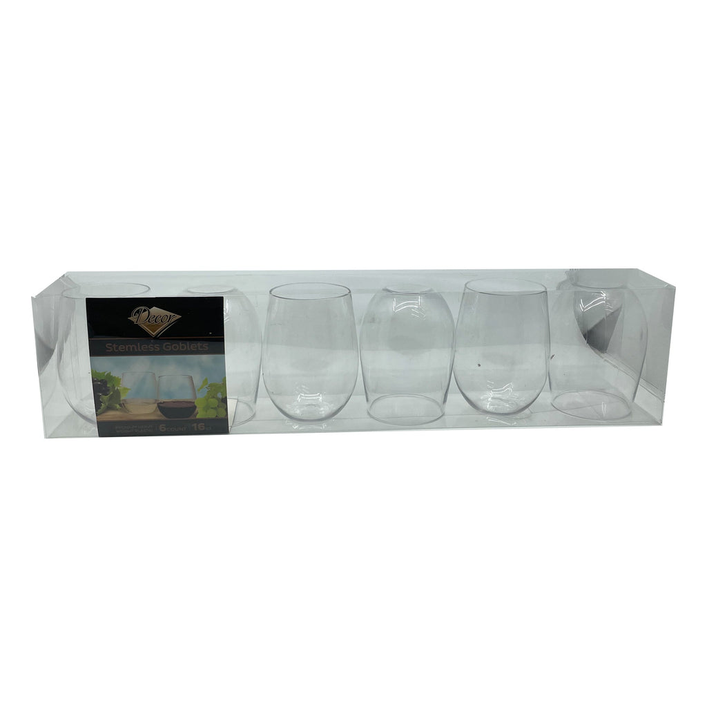 16oz Stemless Clear Disposable Plastic Wine Goblet 6 Pack