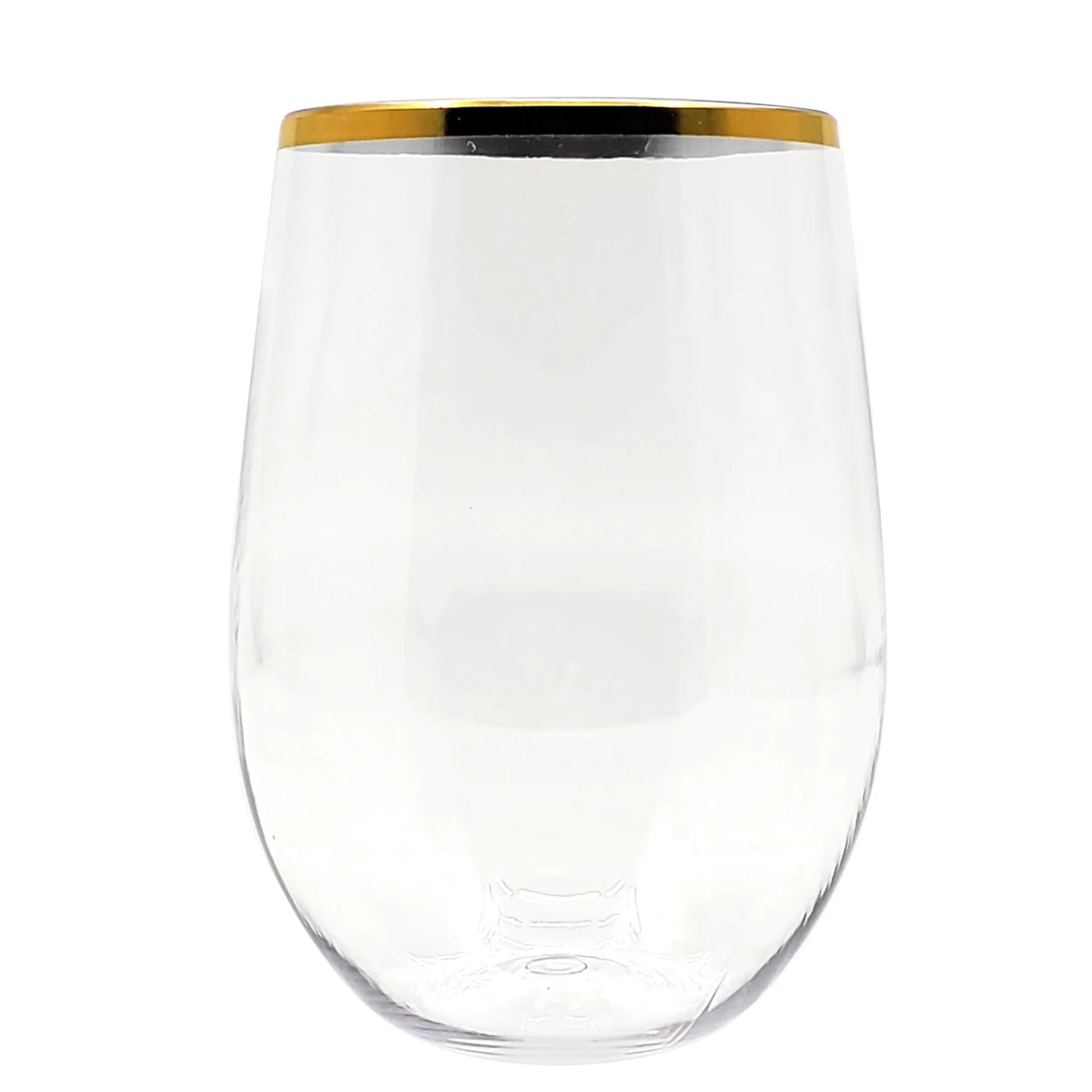 16 oz Gold Rim Stemless Plastic Wine Glasses Goblet 6 Pack