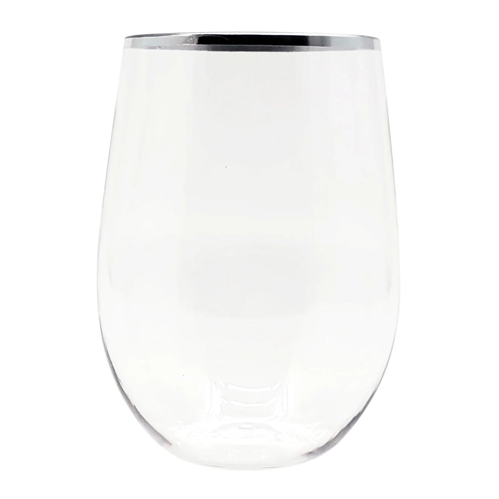 16 oz Silver Rim Stemless Plastic Wine Glasses Goblet 6 Pack