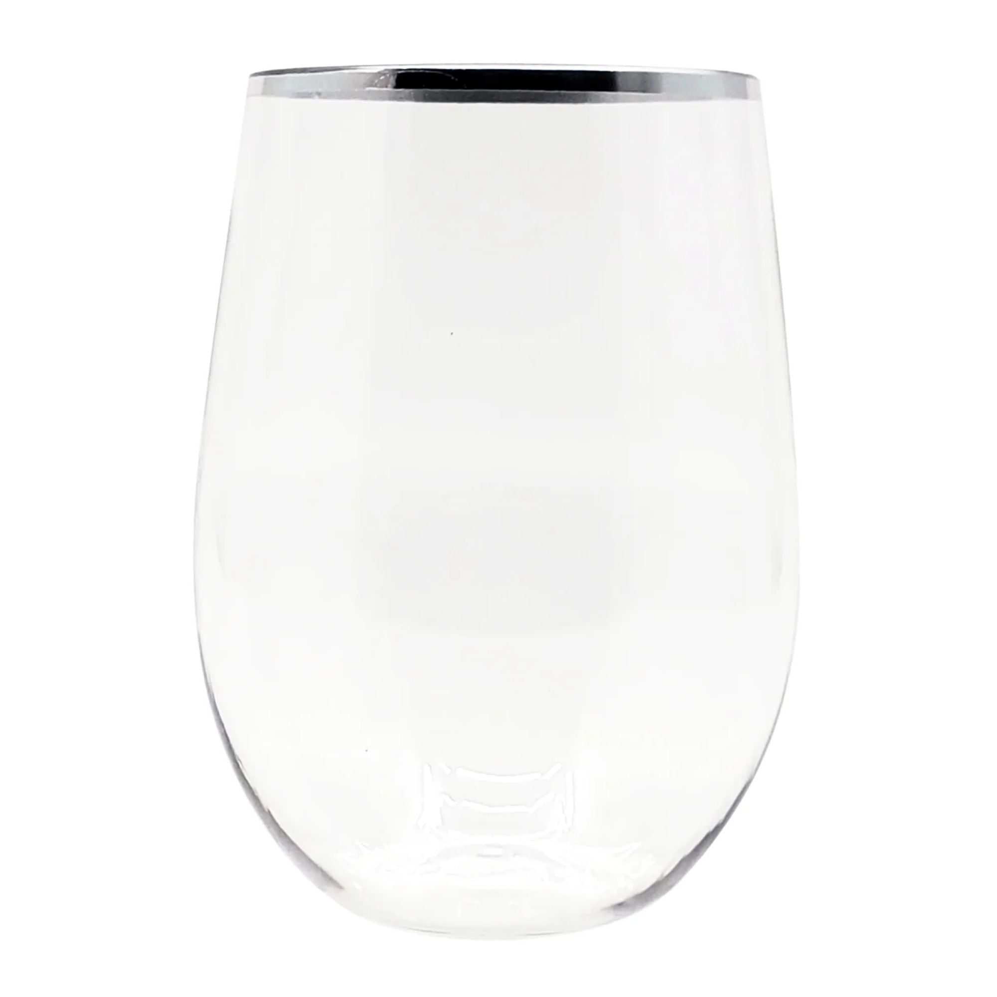 16 oz Silver Rim Stemless Plastic Wine Glasses Goblet 6 Pack