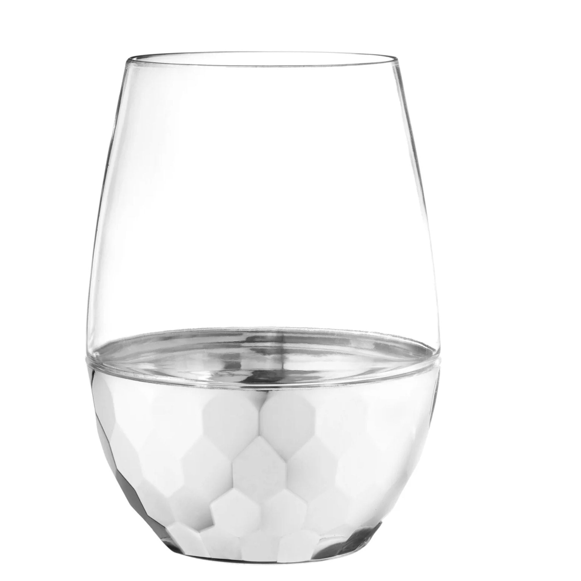 16oz Stemless Hammered Plastic Wine Goblet Clear / Silver Bottom 6 Pack