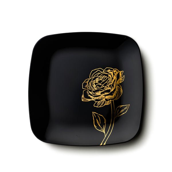 10.25"&7.25" Black and Gold Square Disposable Plastic Plates COMBO Set-Peony 32Pc Set