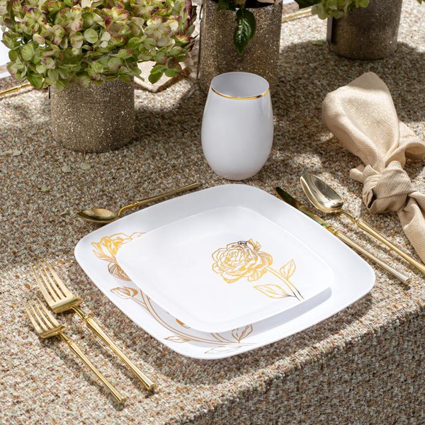 10.25"&7.25" White and Gold Square Disposable Plastic Plates COMBO Set-Peony 32Pc Set