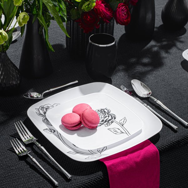 10.25"&7.25" White and Black Square Disposable Plastic Plates COMBO Set-Peony 32Pc Set