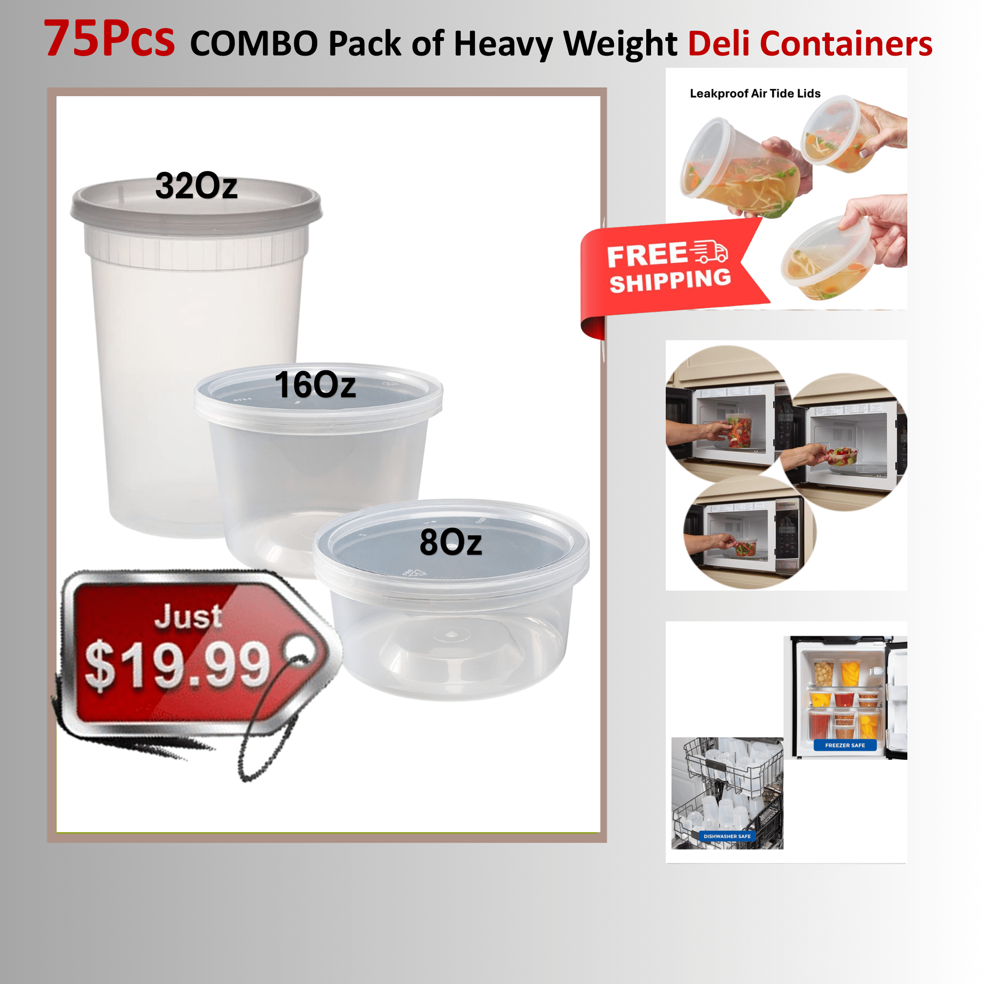 72 Pcs-COMBO Heavy Weight 24pcs each Deli Containers 8oz 16oz 32oz Disposable Plastic