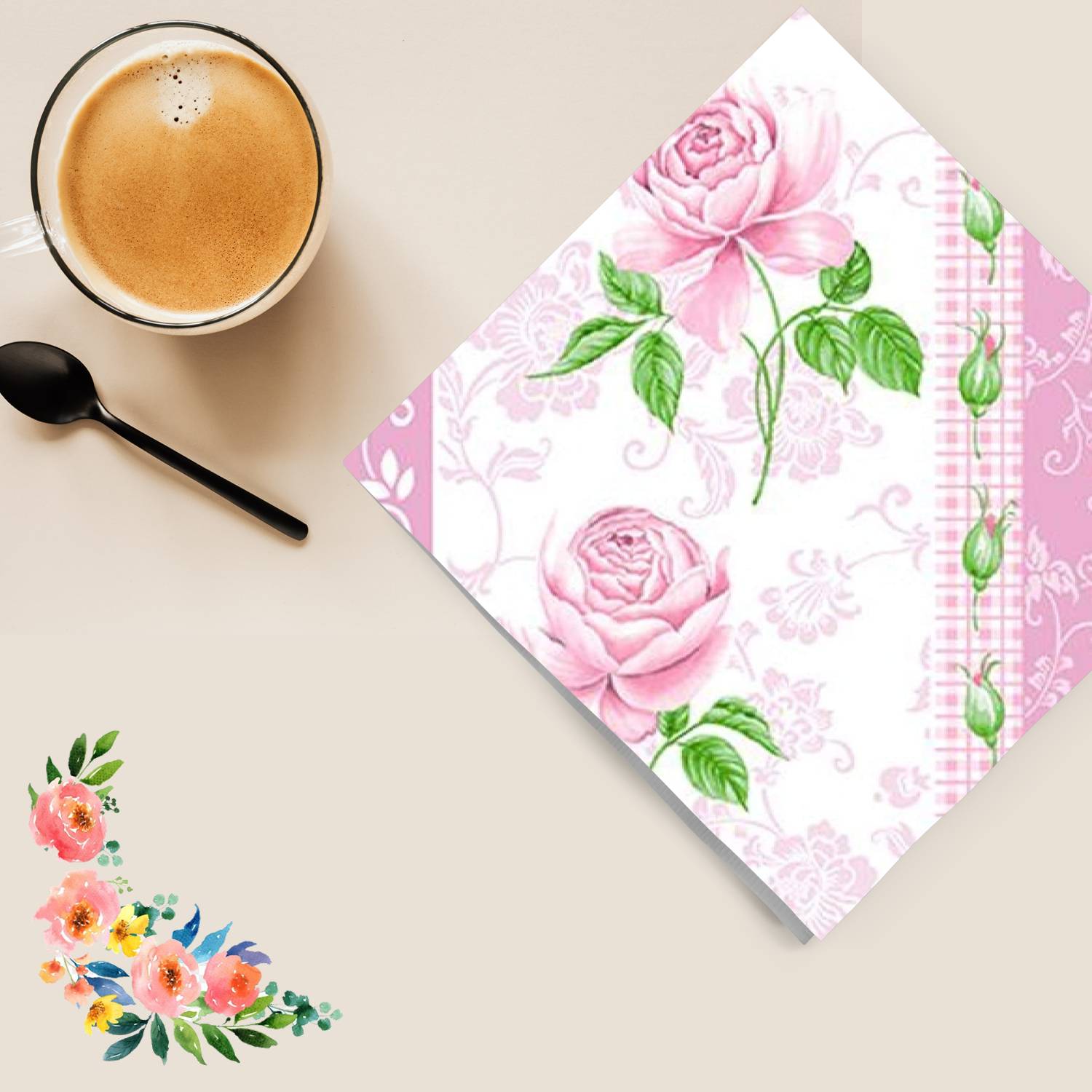 Flowers Pinkly Disposable Lunch Paper Napkins 20 Pack
