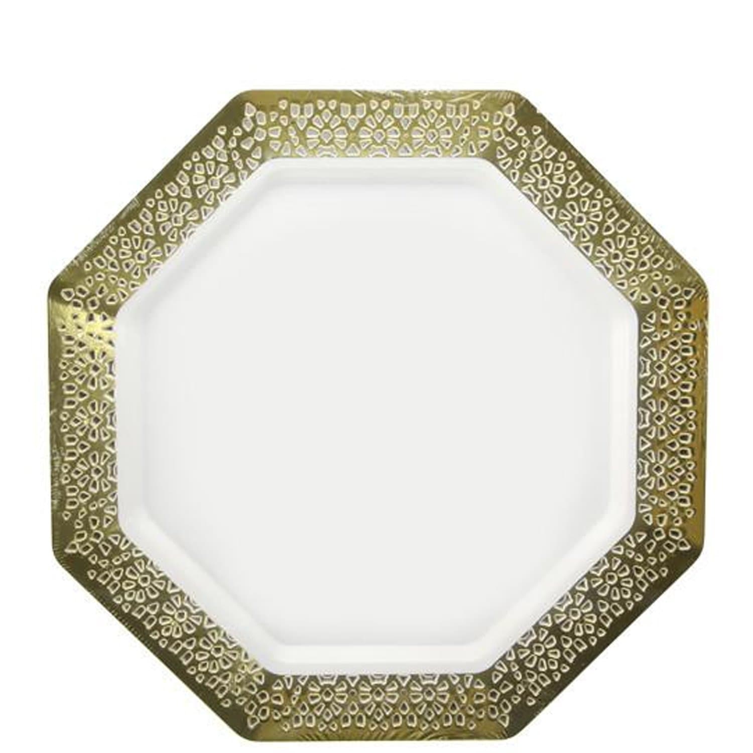 Gold Rim 9.25" White Plate Lacetagon Plastic