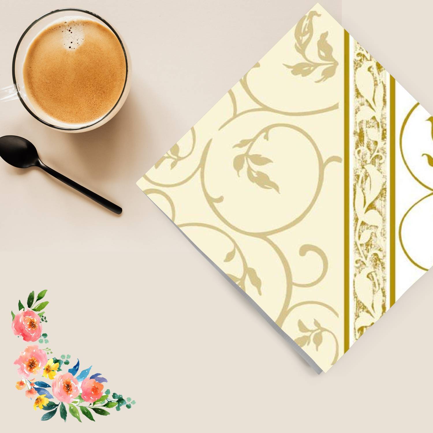Golden Curlicue Lunch Paper Napkins 20 Pack