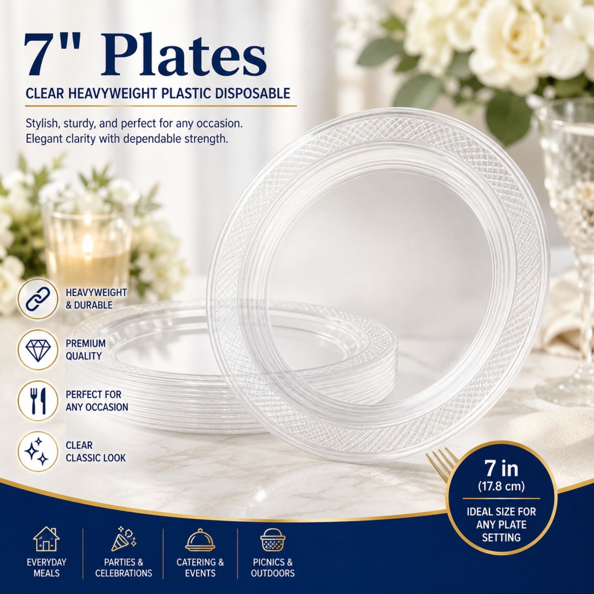 *BUY BULK * 7" Plates Clear Heavyweight Plastic Disposable