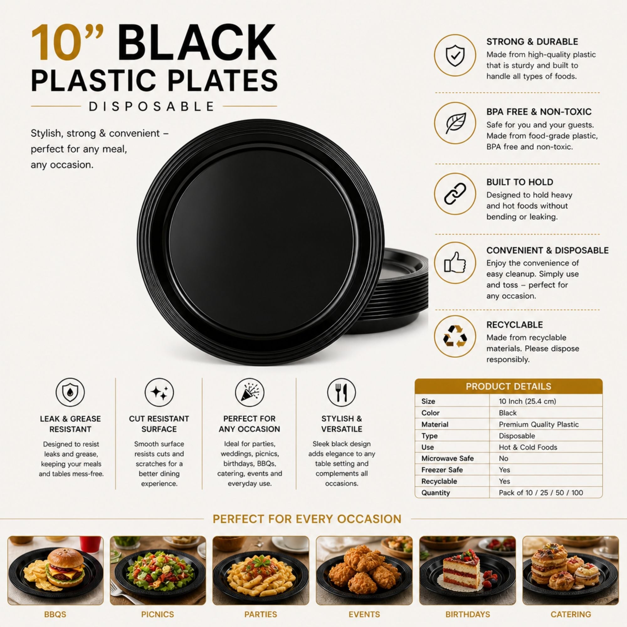 *BUY BULK* 10" Black Plates Disposable Plastic