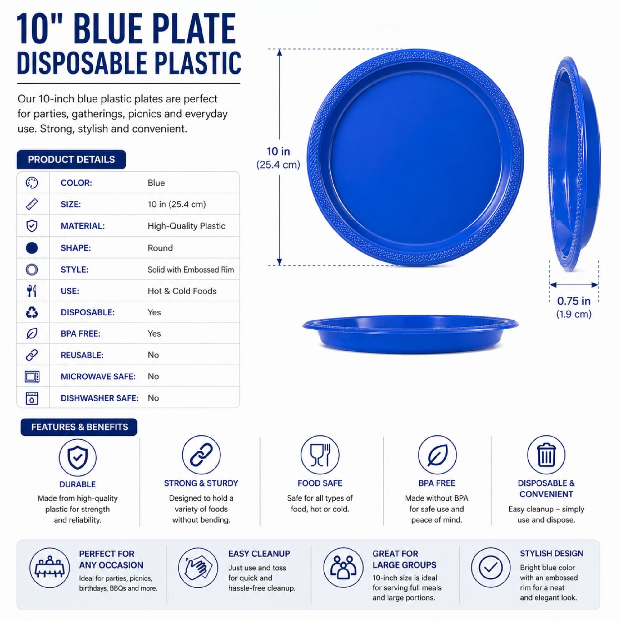 *BUY BULK* 10" Blue Plate Disposable Plastic