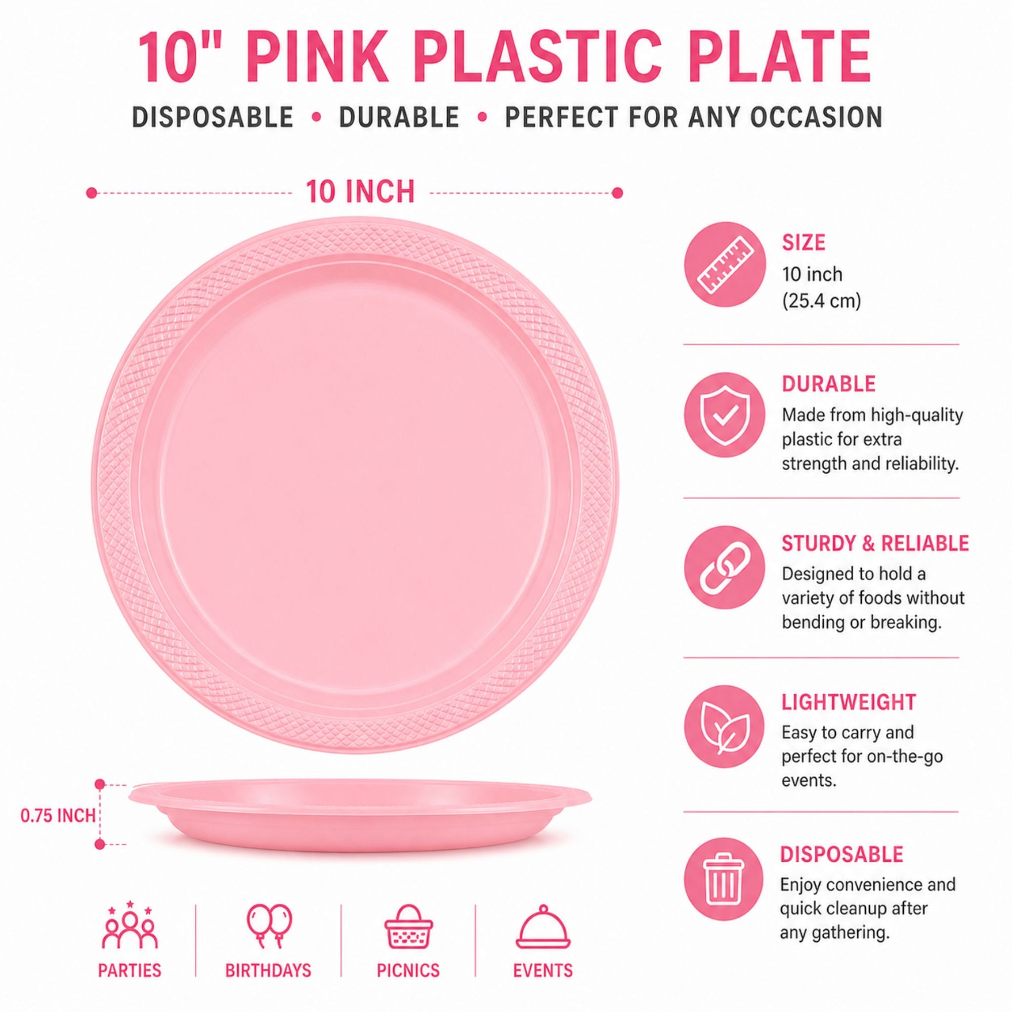 *BUY BULK* 10" Plastic Pink Plates