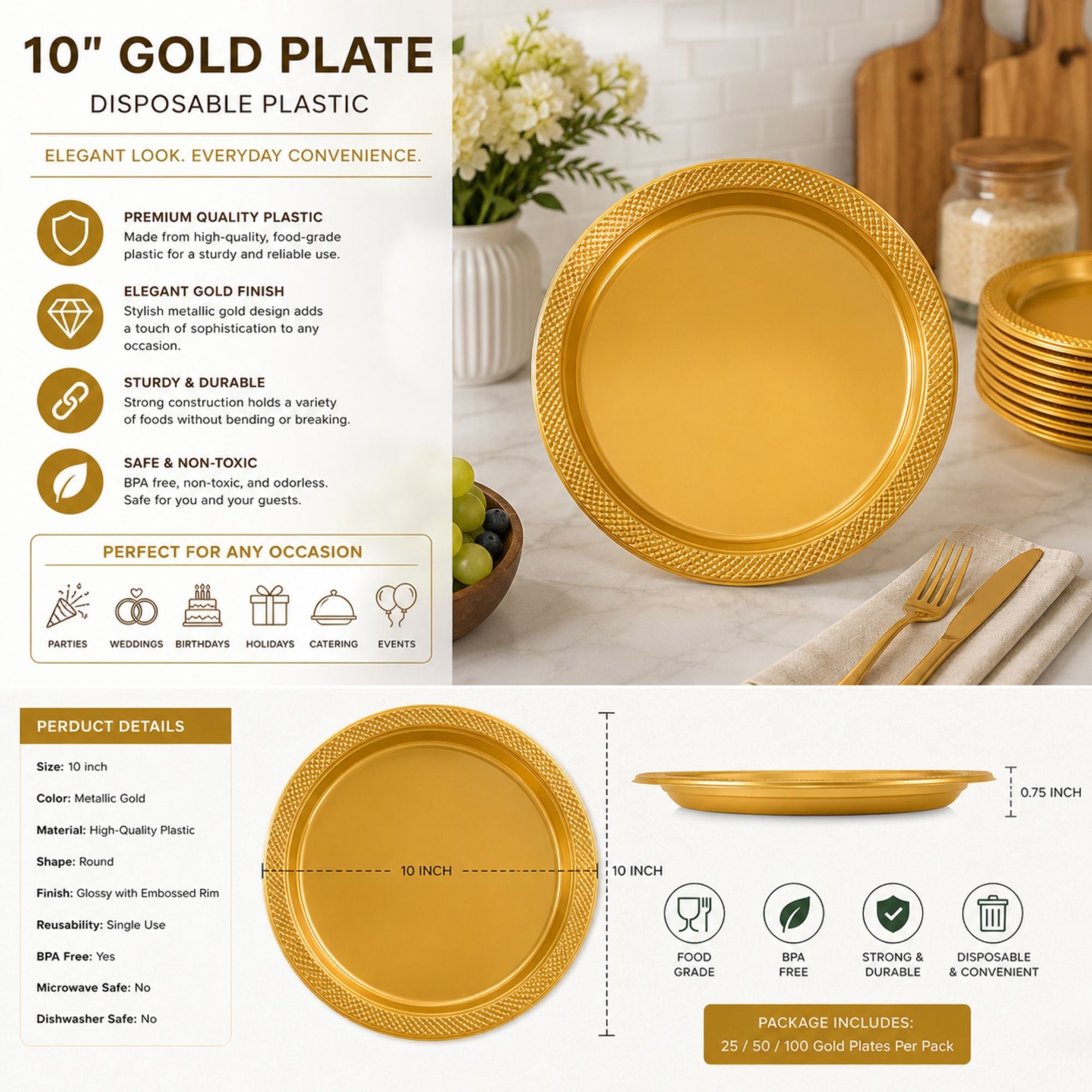 *BUY BULK* 10" Gold Plate Disposable Plastic