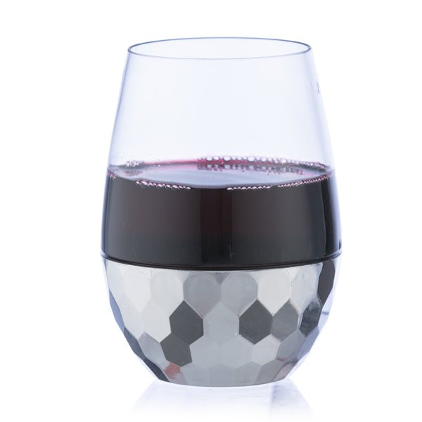 16oz Stemless Hammered Plastic Wine Goblet Clear / Silver Bottom 6 Pack