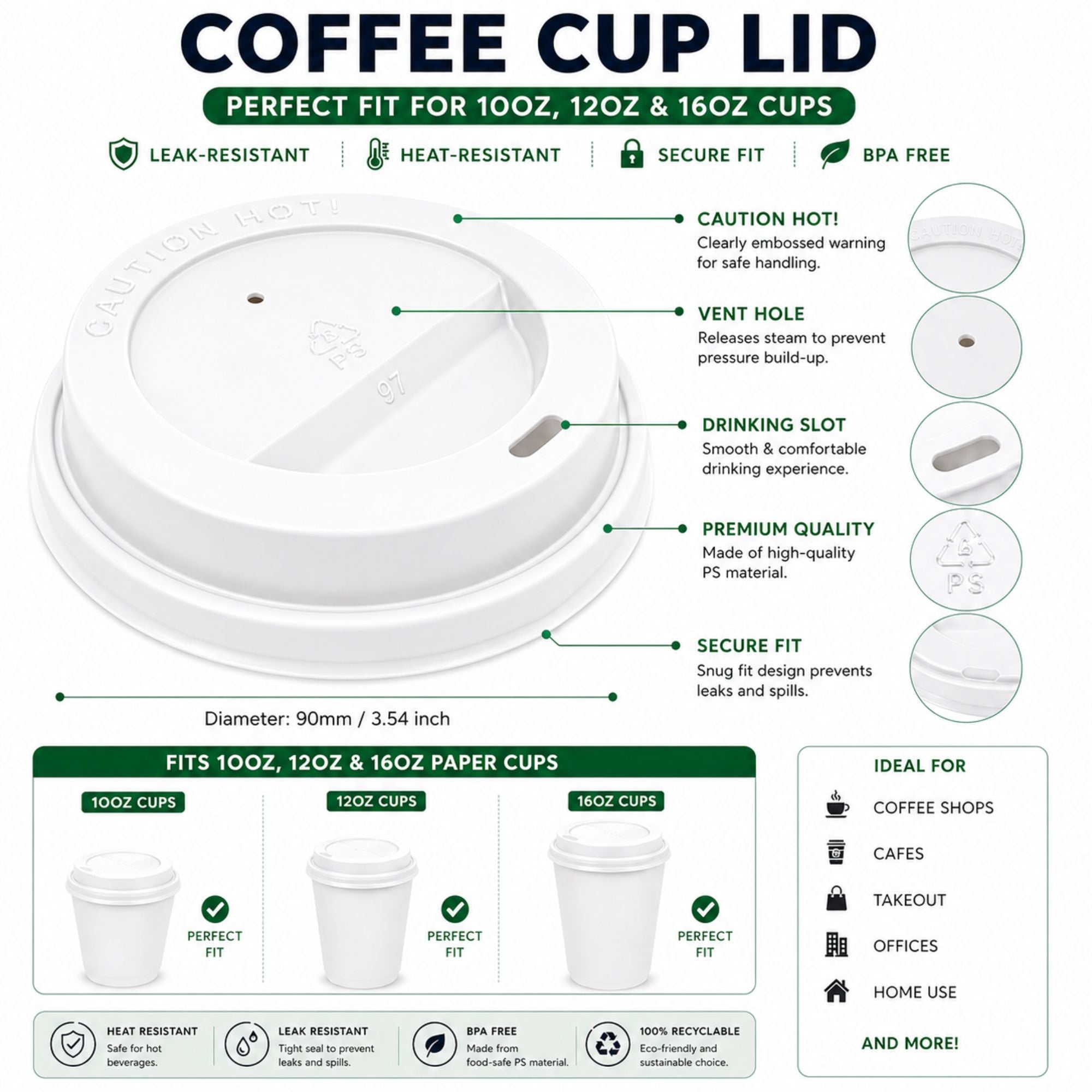 *WHOLESALE* White Dome Lids for 10, 12, 16 oz Disposable Poly Paper Cups 1000/ Case