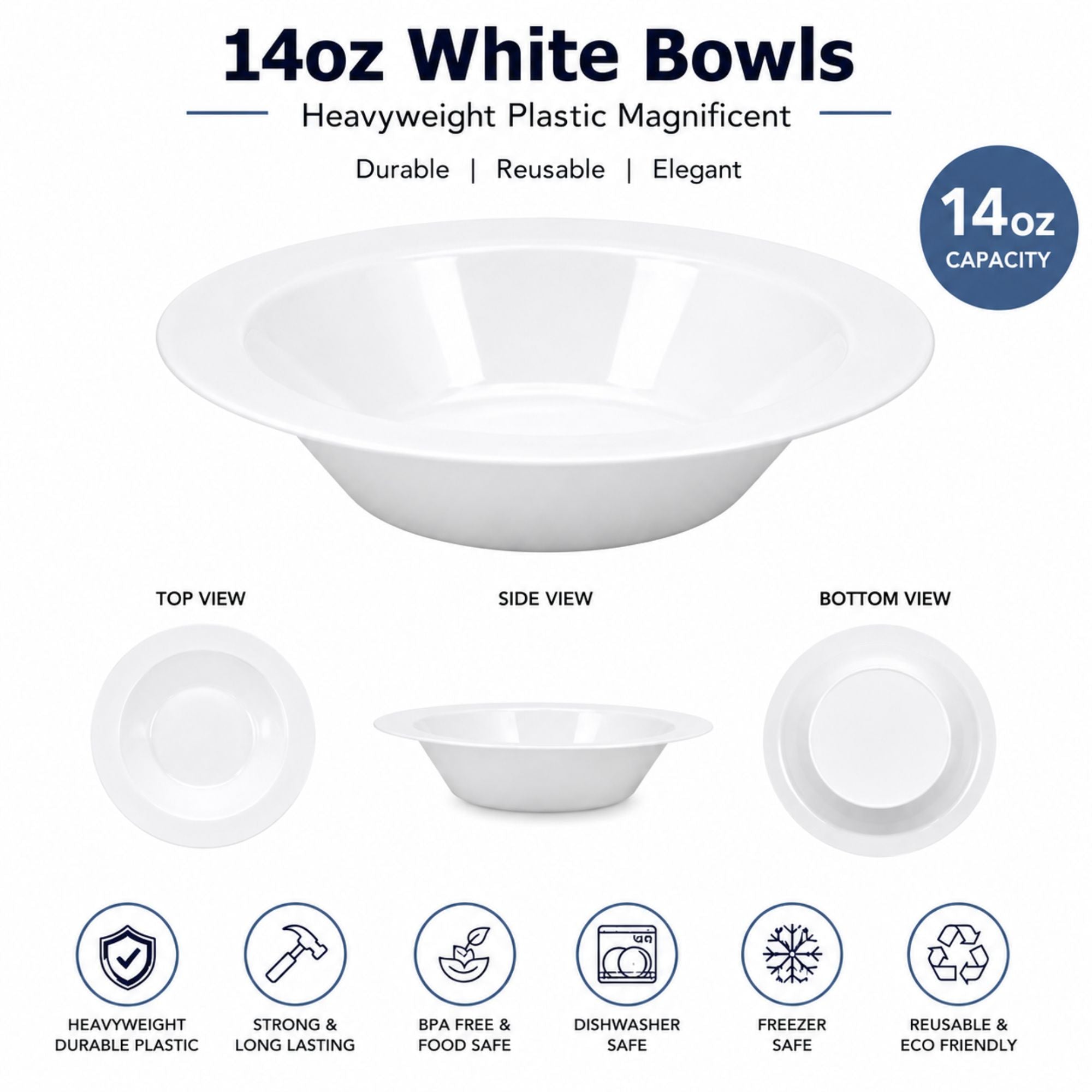 *WHOLESALE* 14oz White Bowls Heavy weight Plastic Magnificent 240/Case