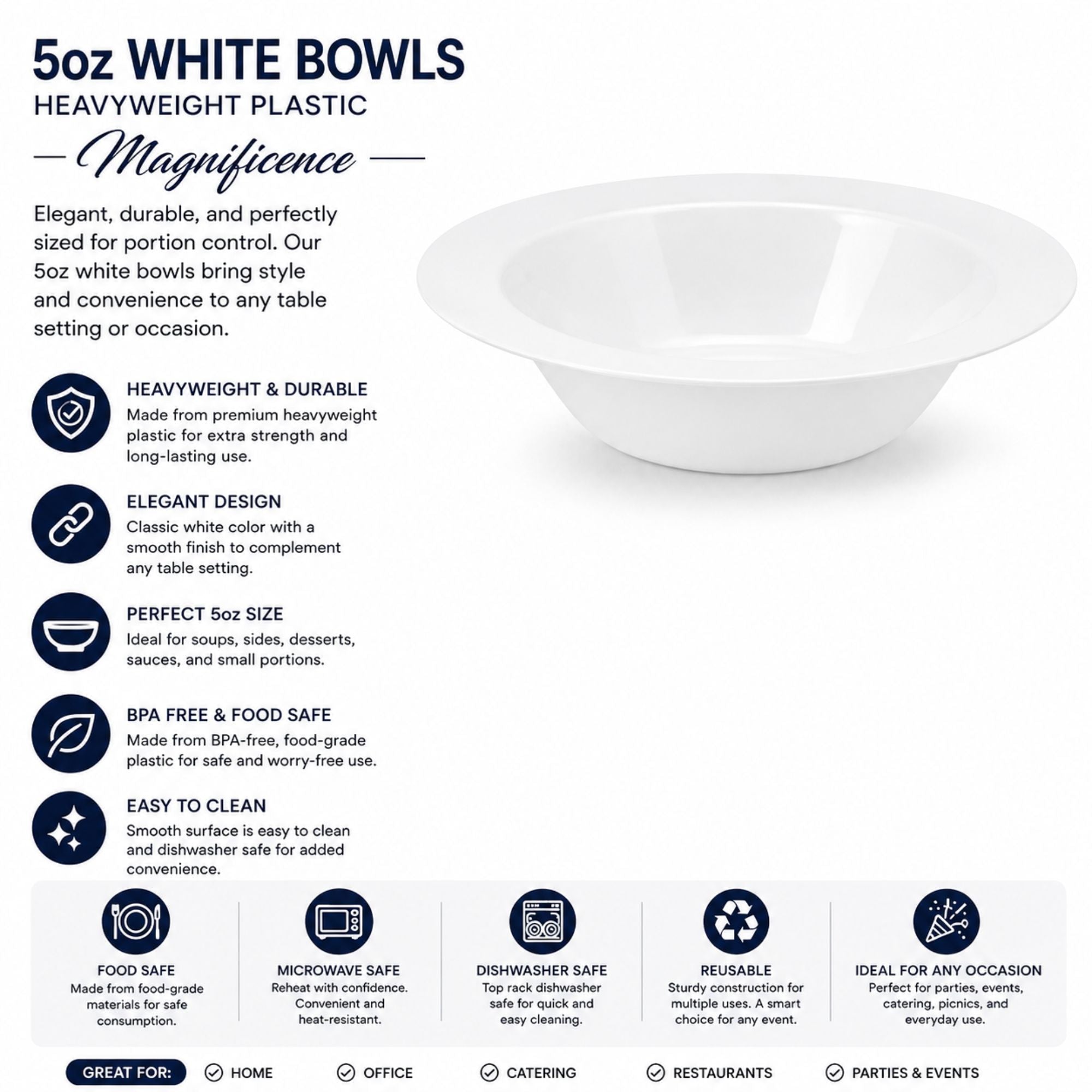 *WHOLESALE* 5oz White Bowls Heavy weight Plastic Magnificent  240/Case