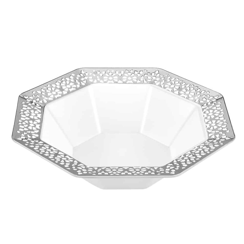 Lacetagon 14oz White Bowl Silver Rim Plastic