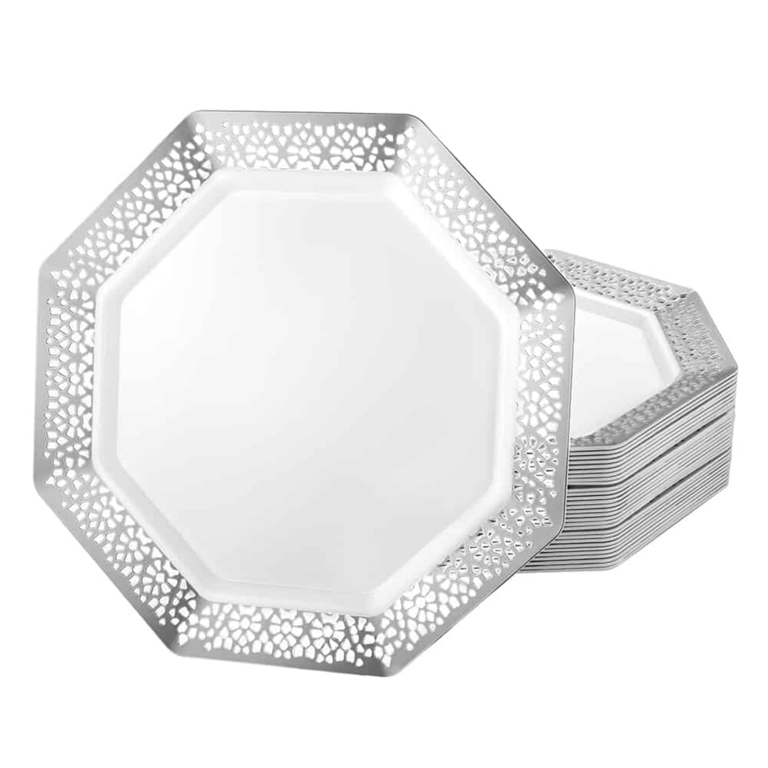 Pearl 9.25" Plate White Silver Rim Lacetagon Plastic