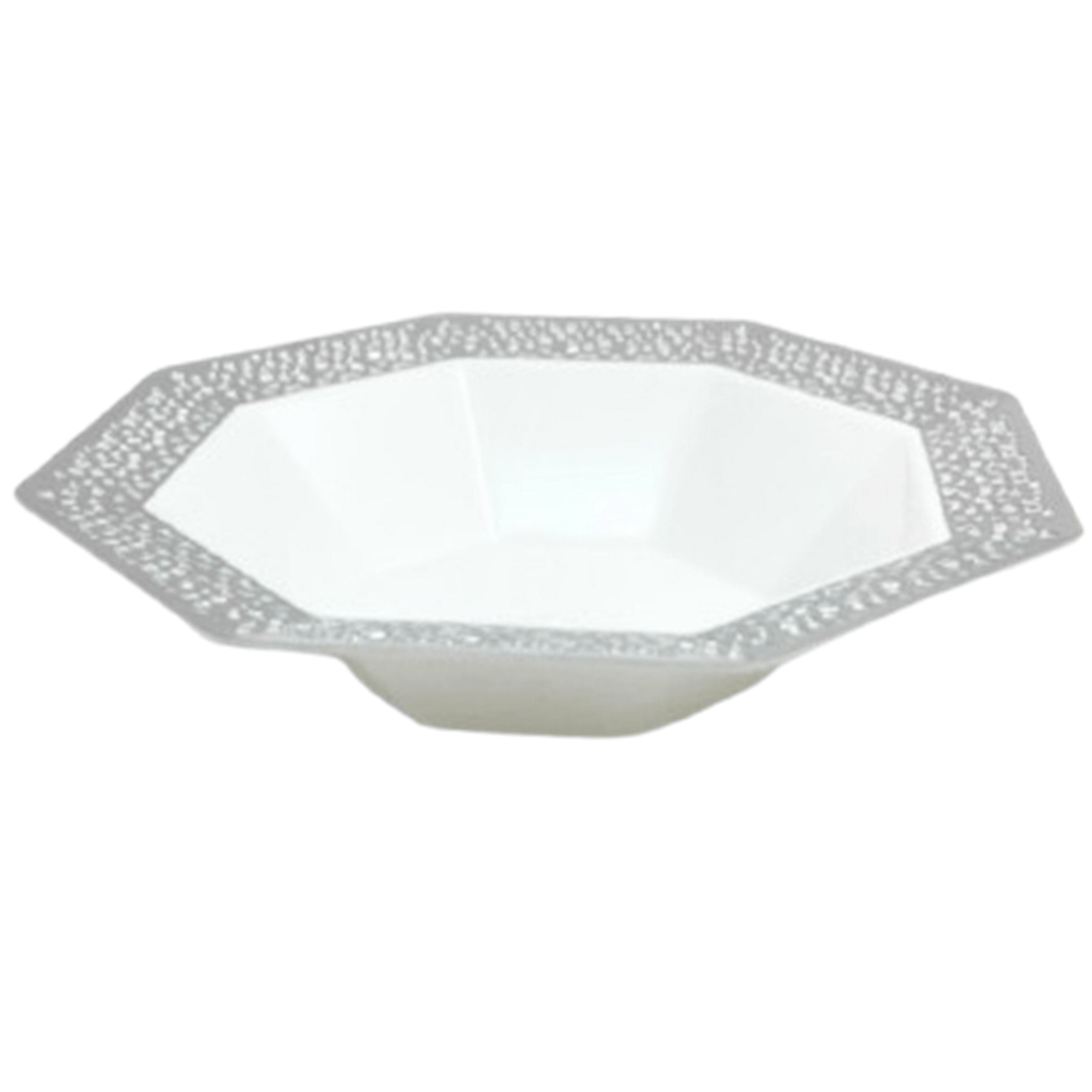 Lacetagon 14oz White Bowl Silver Rim Plastic