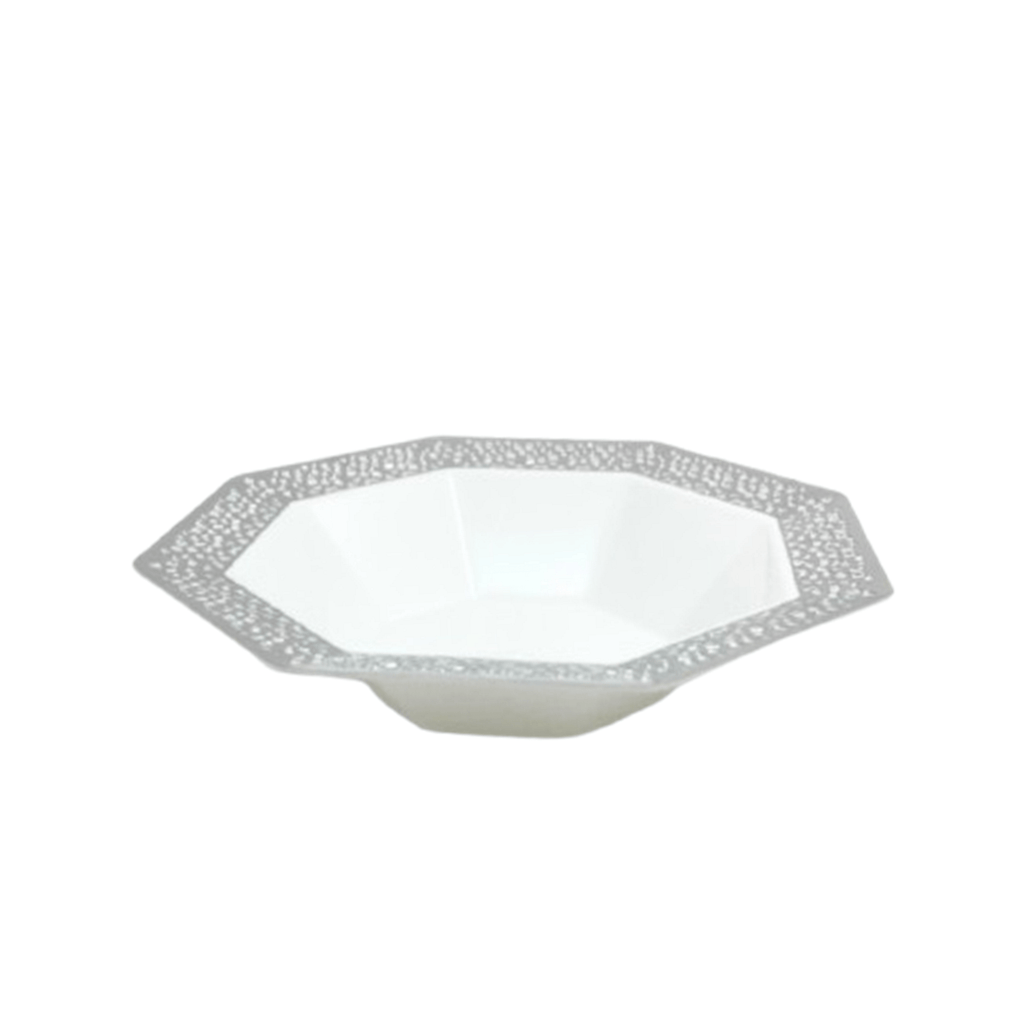 Lacetagon 5oz White Bowl Silver Rim Plastic