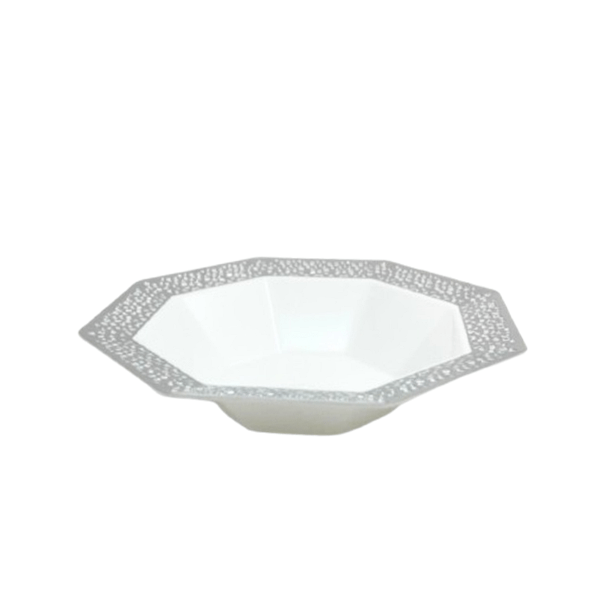 Lacetagon 5oz White Bowl Silver Rim Plastic