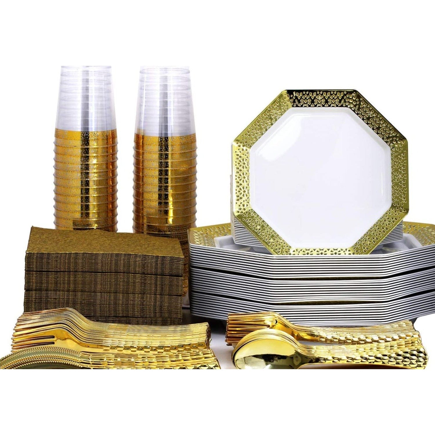 Heavyweight White Lace Gold Rim Plastic Dinnerware Set- Value Pack-Lacetagon