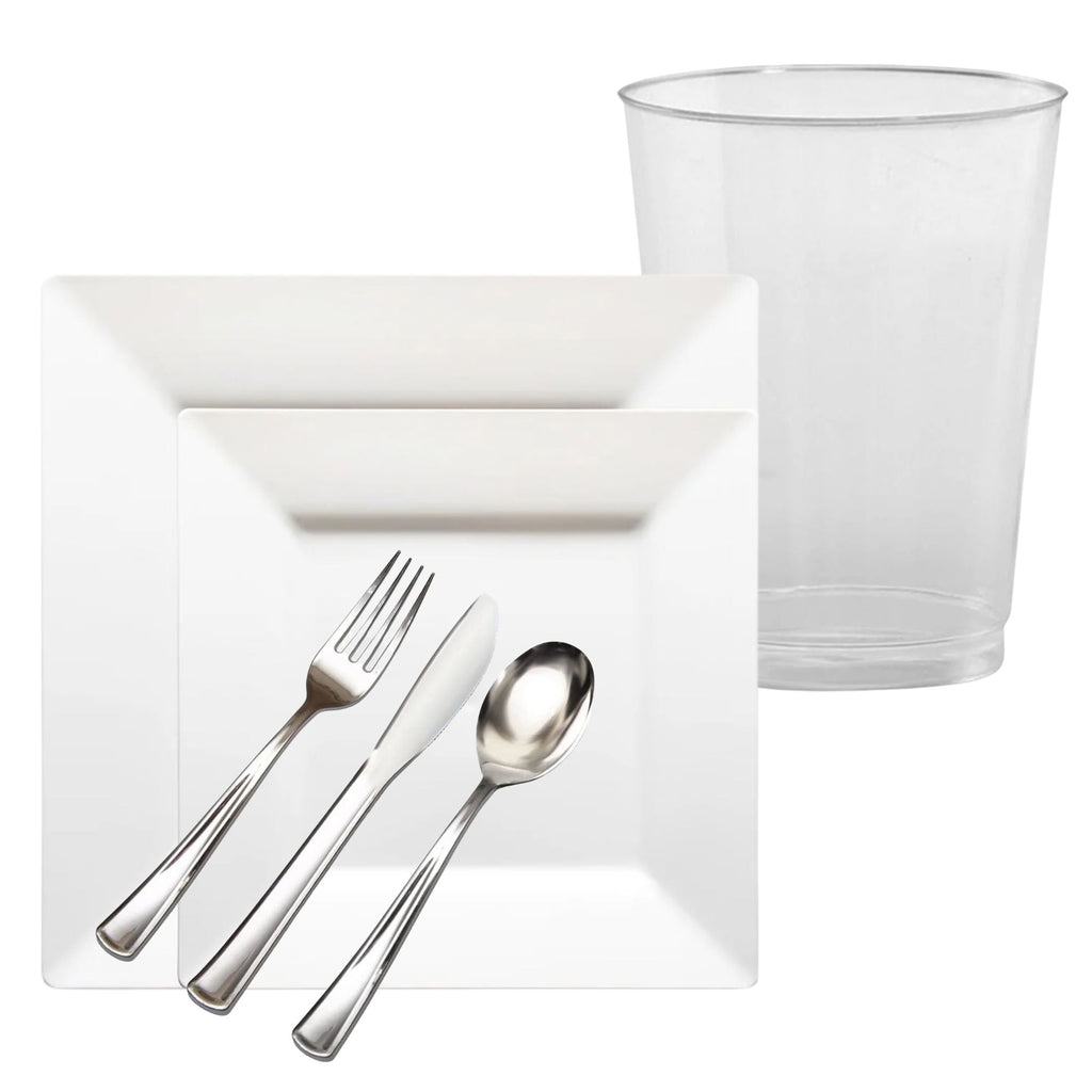 Square White Plastic Dinnerware Set- Value Pack-Lillian