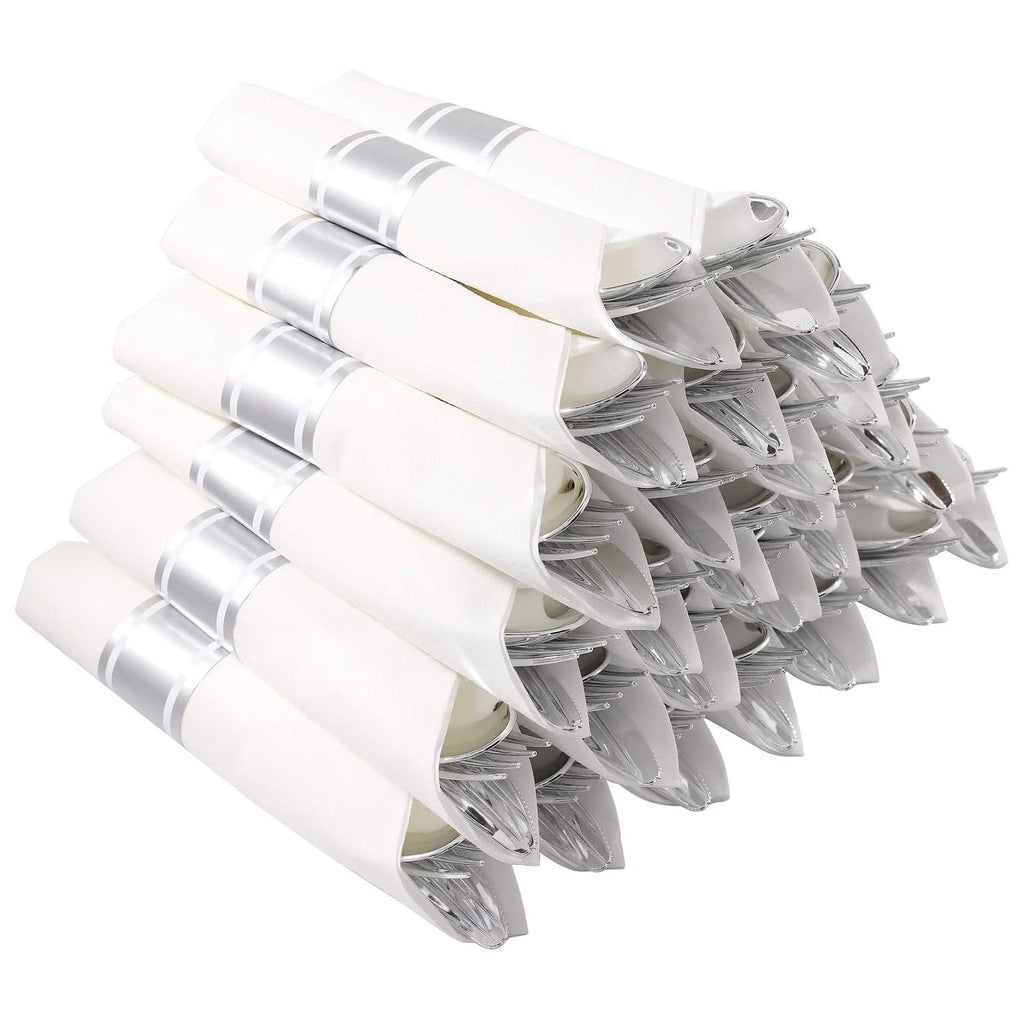 Pre-Rolled Silver Spoon, Knife, Forks and Napkin Plastic Cutlery Combo