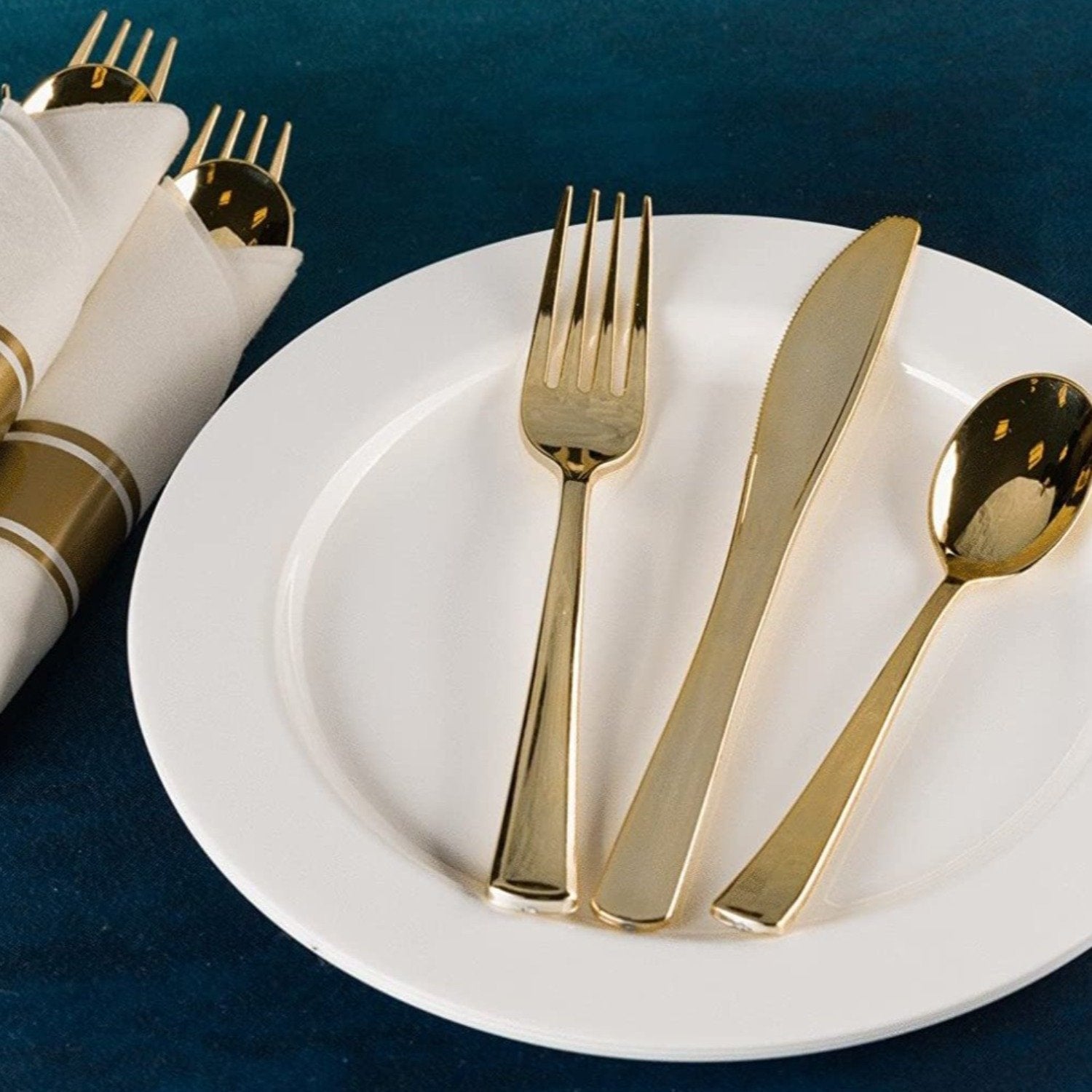 Pre-Rolled Gold Plastic Cutlery Combo Spoon, Knife, Forks and Napkin