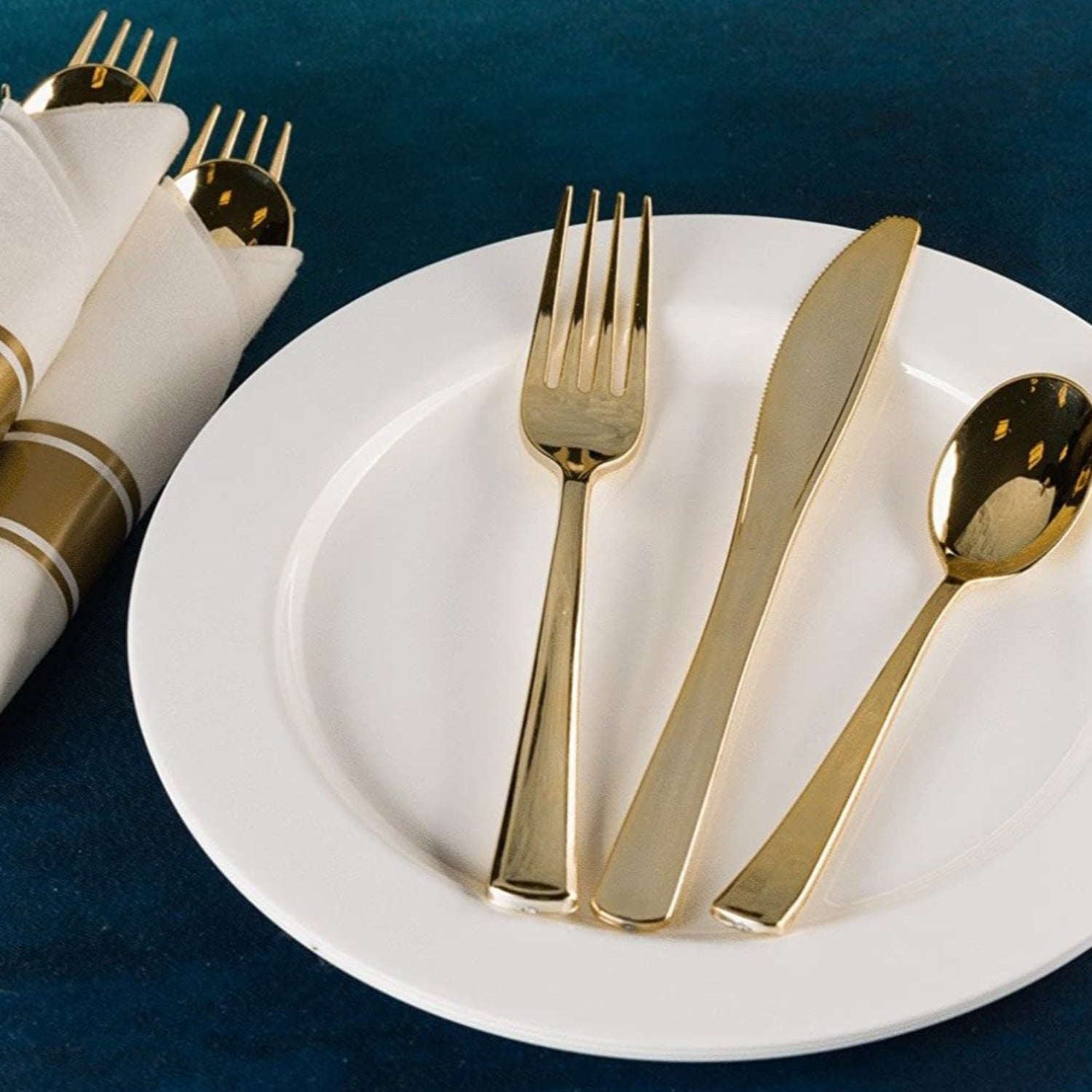 *BUY BULK* Pre-Rolled Gold Plastic Cutlery Combo Spoon, Knife, Forks and Napkin