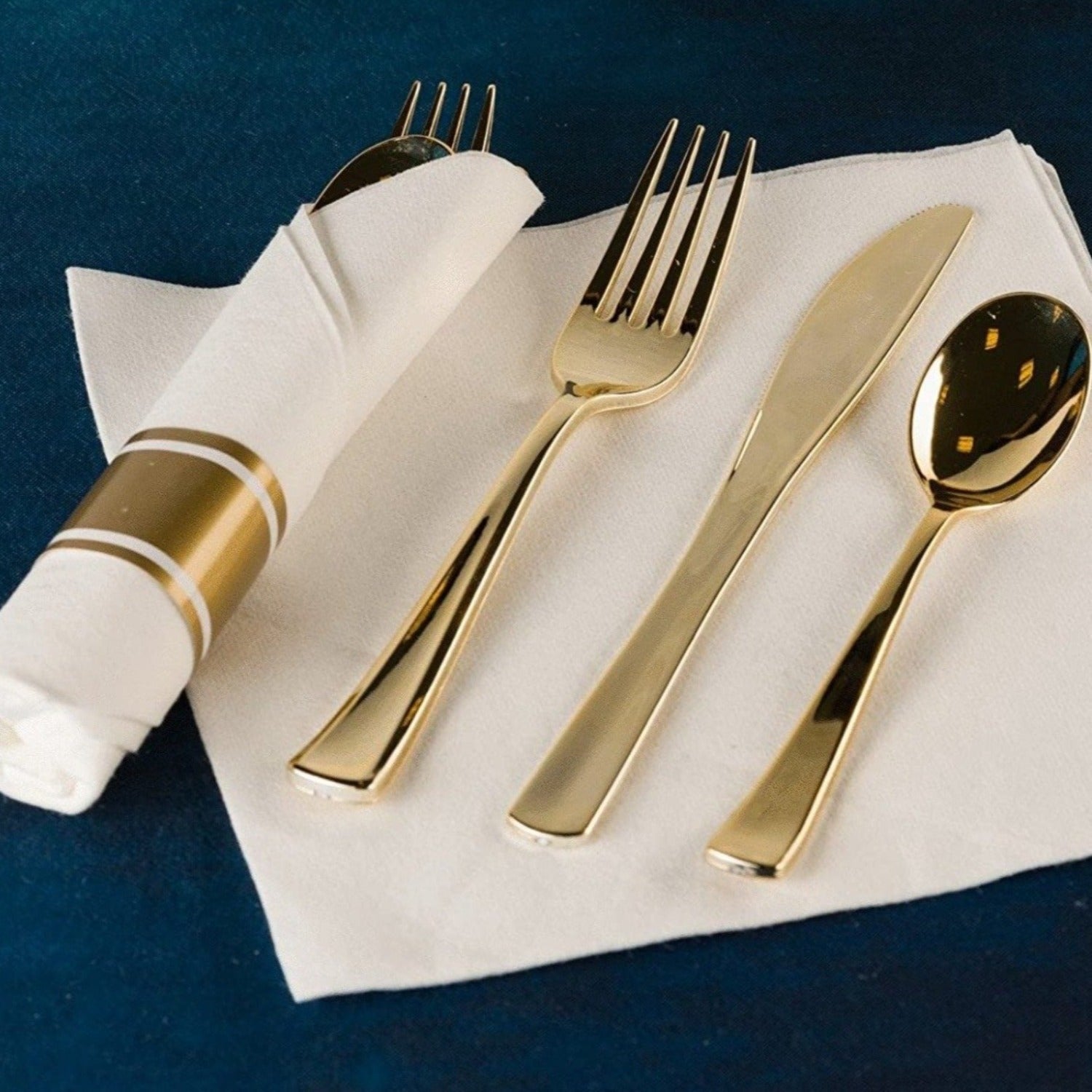 *BUY BULK* Pre-Rolled Gold Plastic Cutlery Combo Spoon, Knife, Forks and Napkin