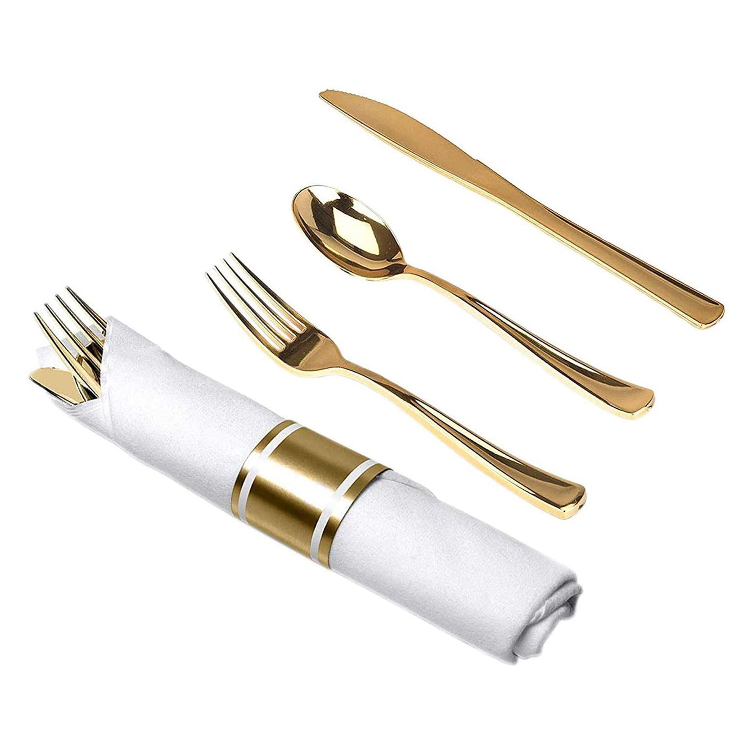 *BUY BULK* Pre-Rolled Gold Plastic Cutlery Combo Spoon, Knife, Forks and Napkin