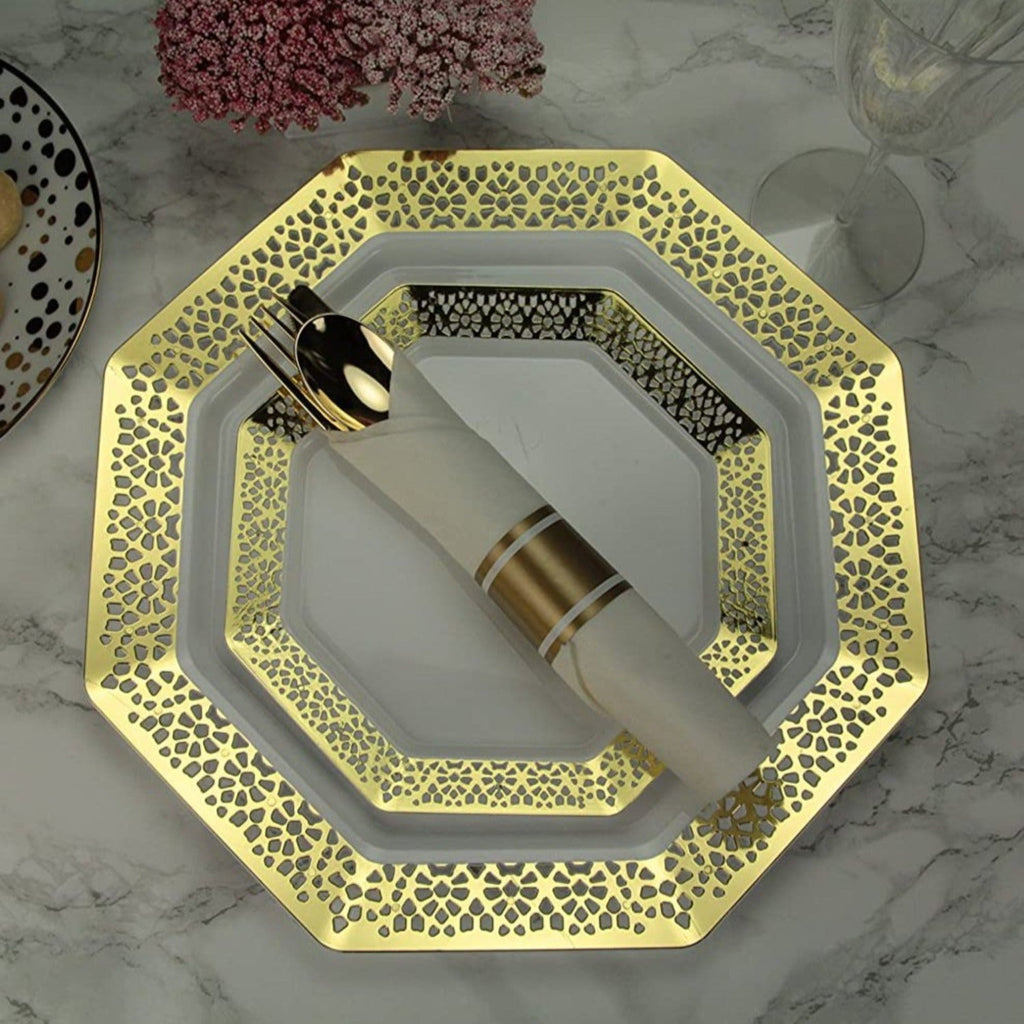 Pre-Rolled Gold Plastic Cutlery Combo Spoon, Knife, Forks and Napkin
