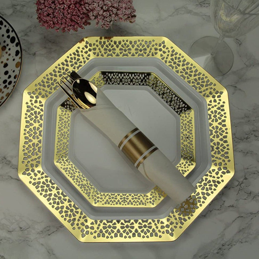 *BUY BULK* Pre-Rolled Gold Plastic Cutlery Combo Spoon, Knife, Forks and Napkin