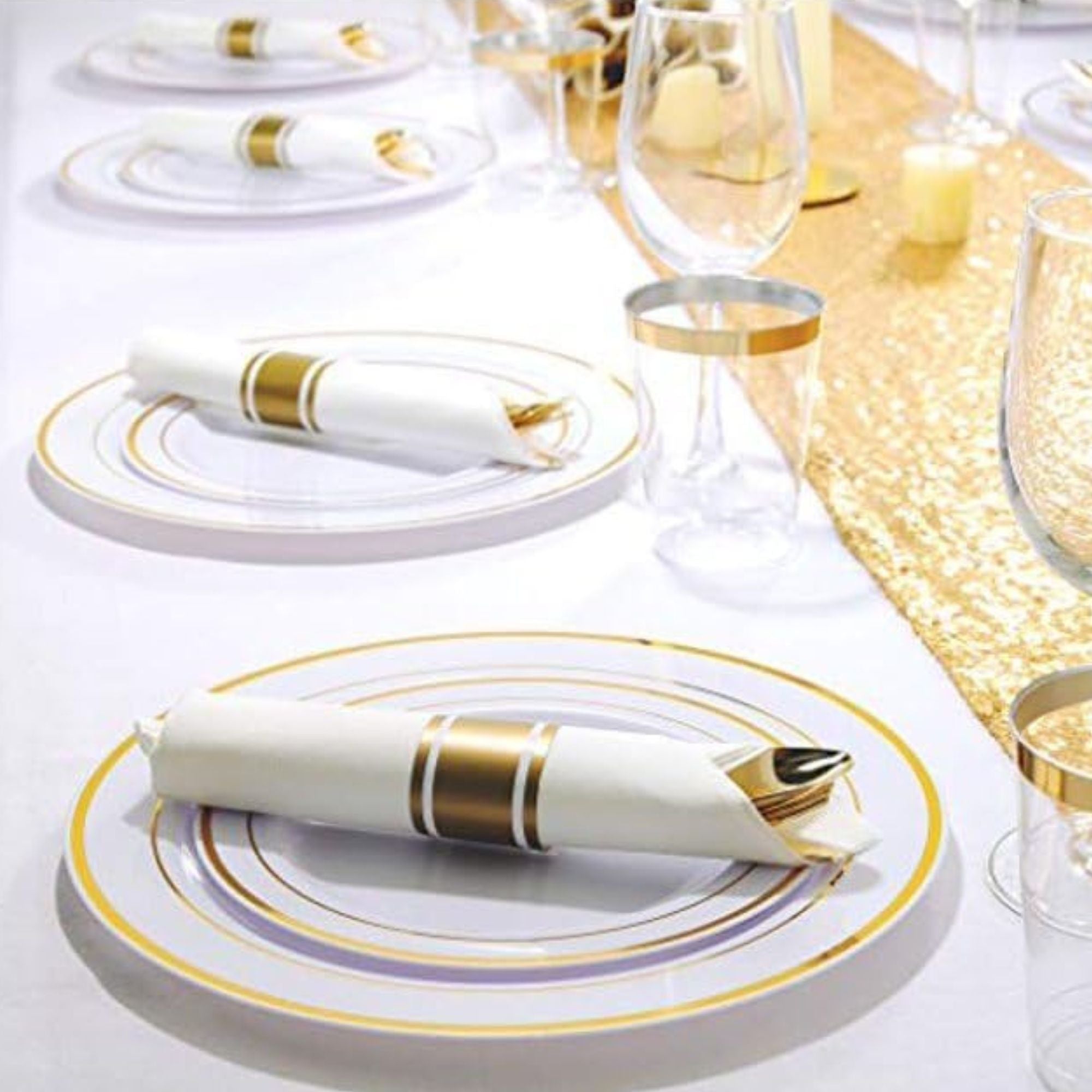 *BUY BULK* Pre-Rolled Gold Plastic Cutlery Combo Spoon, Knife, Forks and Napkin