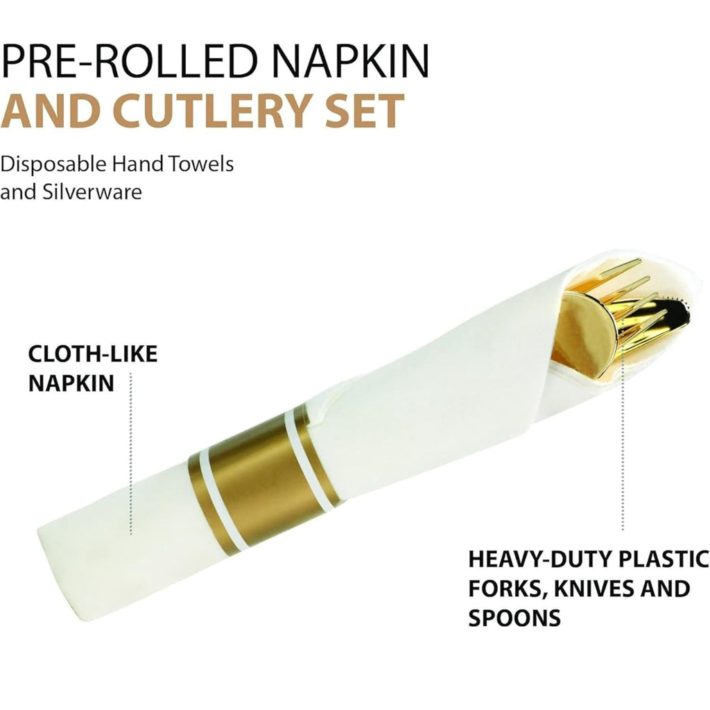 *BUY BULK* Pre-Rolled Gold Plastic Cutlery Combo Spoon, Knife, Forks and Napkin