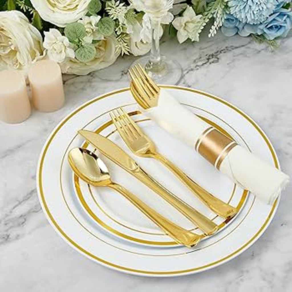 *BUY BULK* Pre-Rolled Gold Plastic Cutlery Combo Spoon, Knife, Forks and Napkin