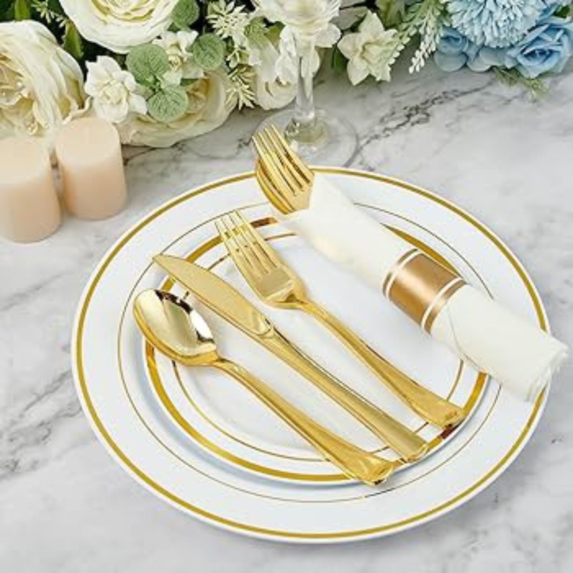 *BUY BULK* Pre-Rolled Gold Plastic Cutlery Combo Spoon, Knife, Forks and Napkin