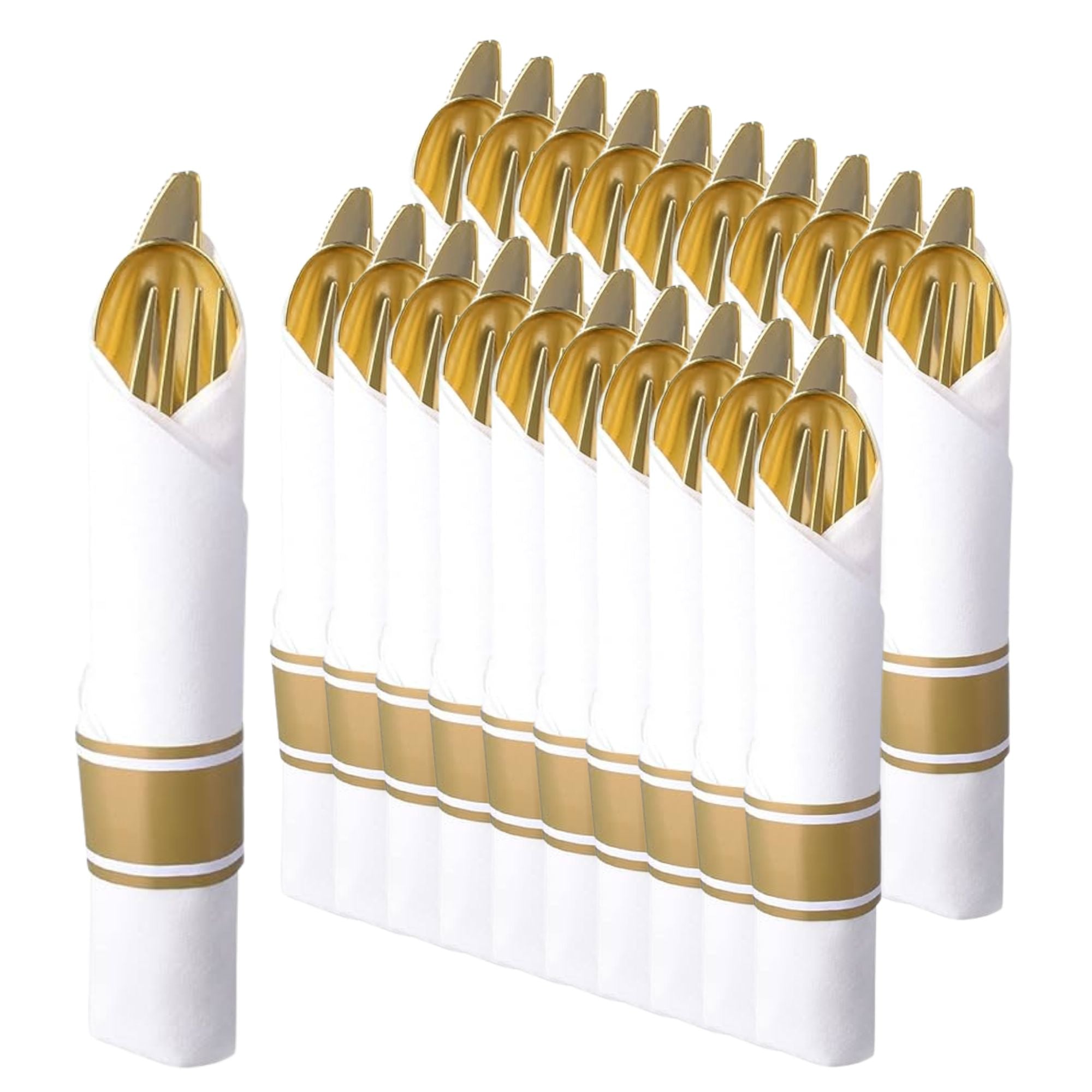 *BUY BULK* Pre-Rolled Gold Plastic Cutlery Combo Spoon, Knife, Forks and Napkin
