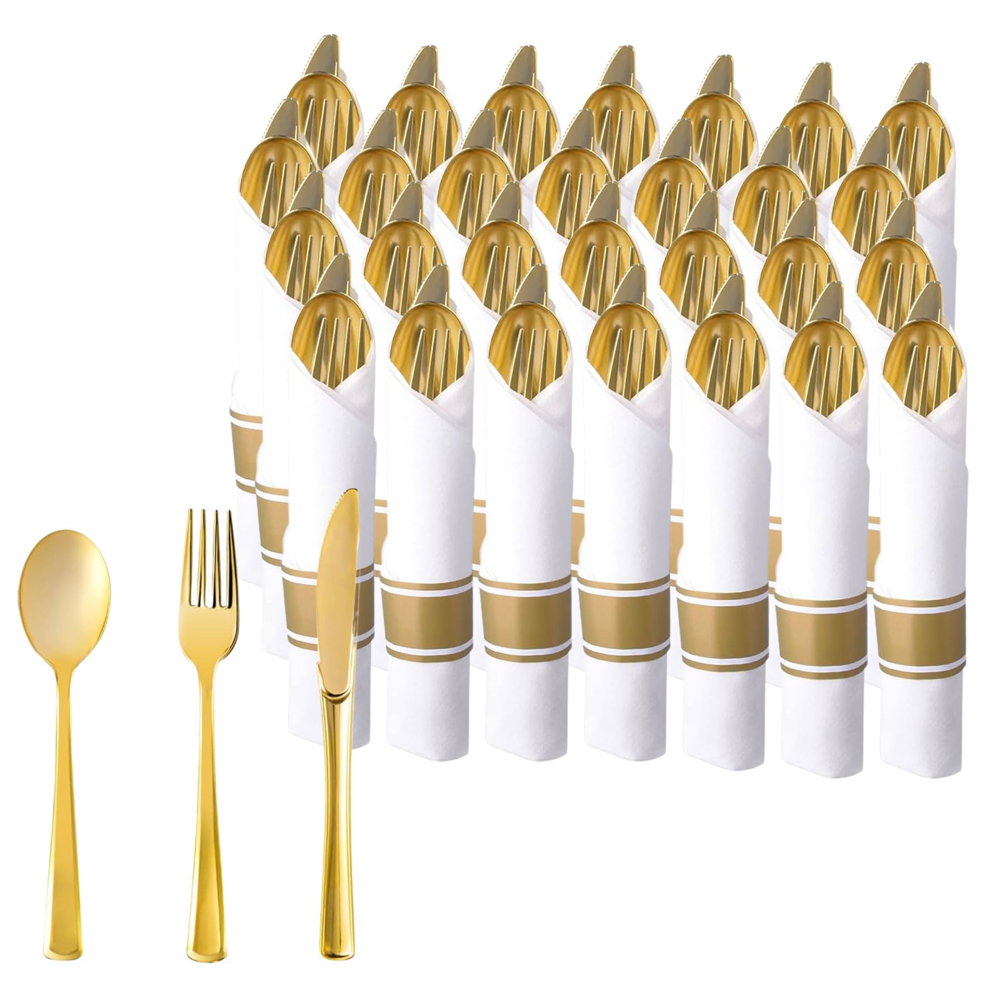 *BUY BULK* Pre-Rolled Gold Plastic Cutlery Combo Spoon, Knife, Forks and Napkin