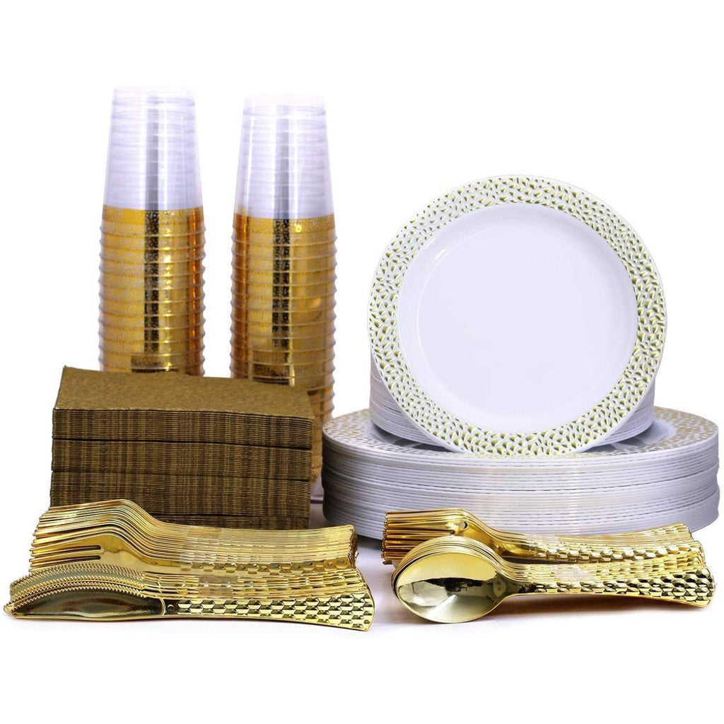 Pebbled 9" Gold Rim Plastic Dinner Plate