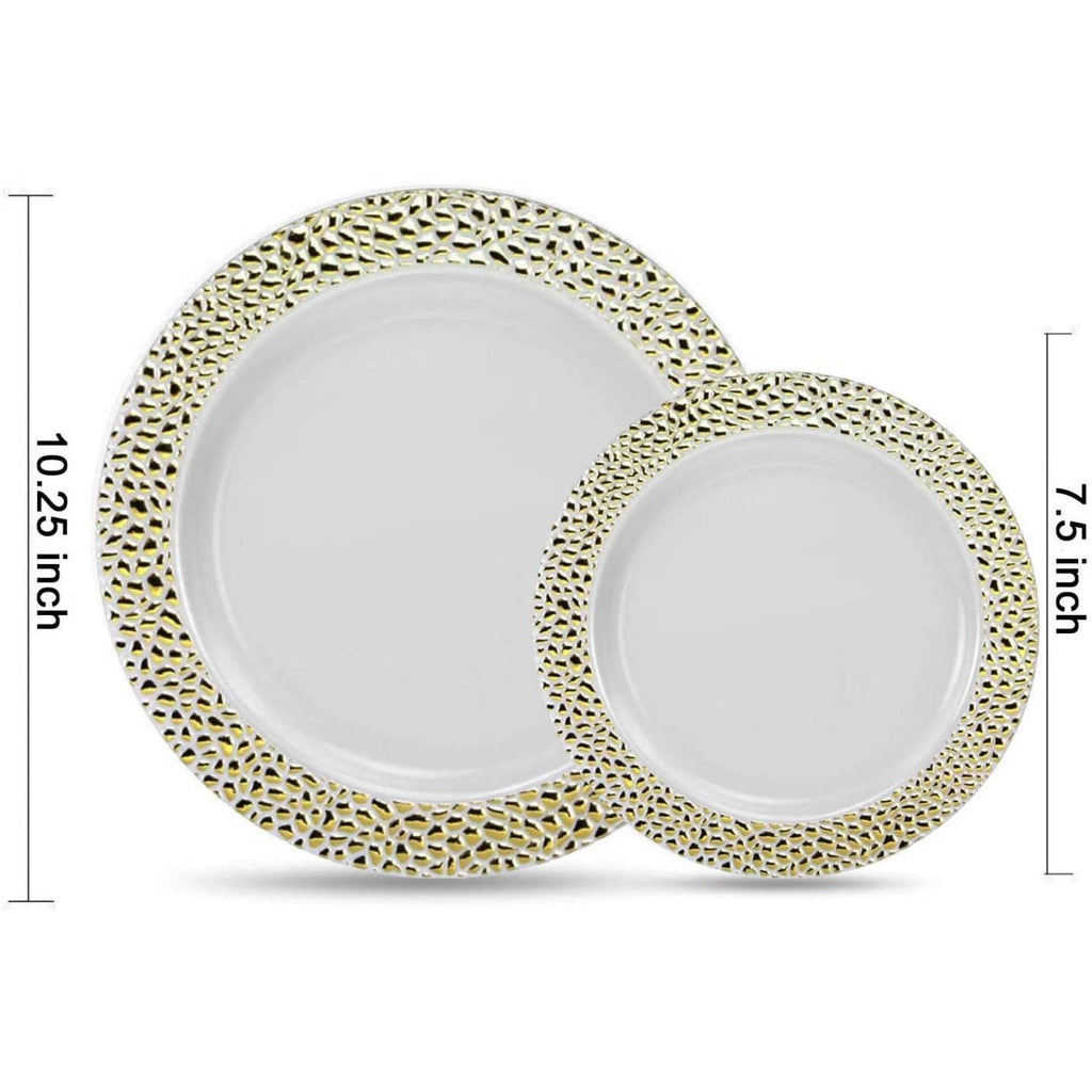 Pebbled 10.25" White with Gold Rim Plastic Dinner Plate