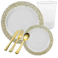 White with Gold Plastic Dinnerware Set- Value Pack- Hammered