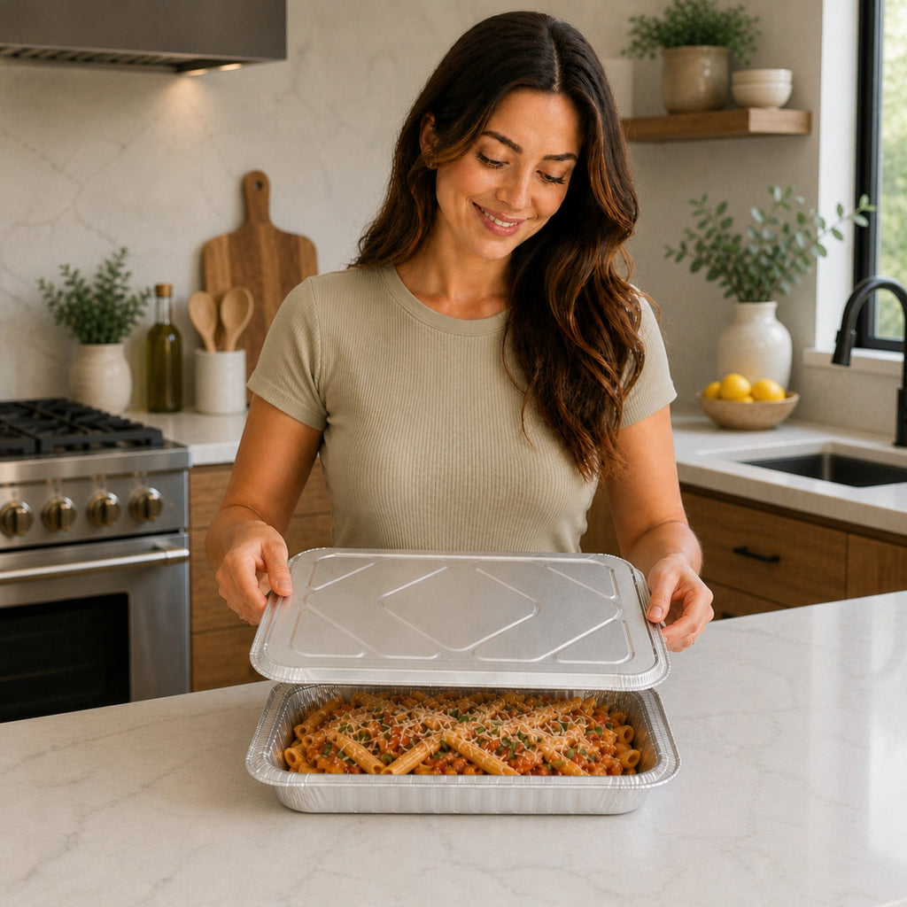 9×13 Half Size Shallow Disposable Aluminum Pans with Aluminum Lids