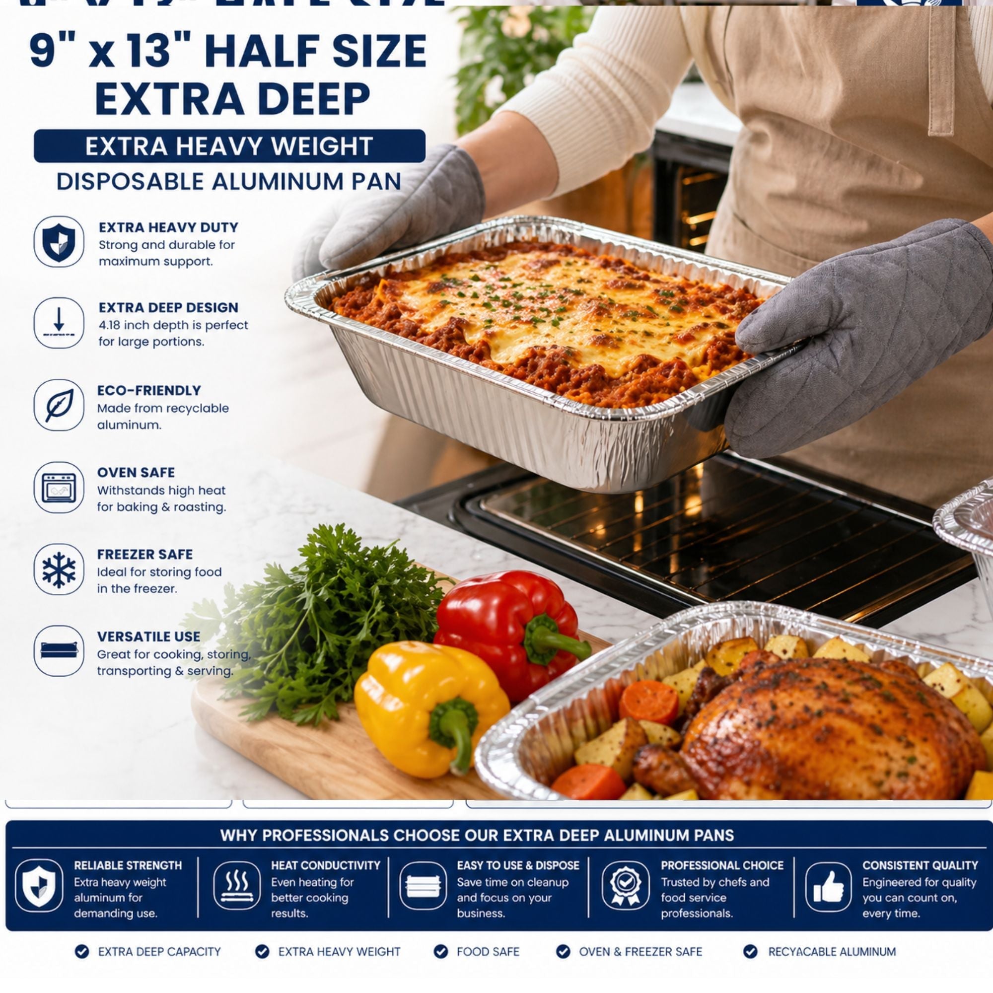 *WHOLESALE* 9 x 13” Half Size Extra-Deep Extra-Heavy Disposable Aluminum Pans 100ct/case