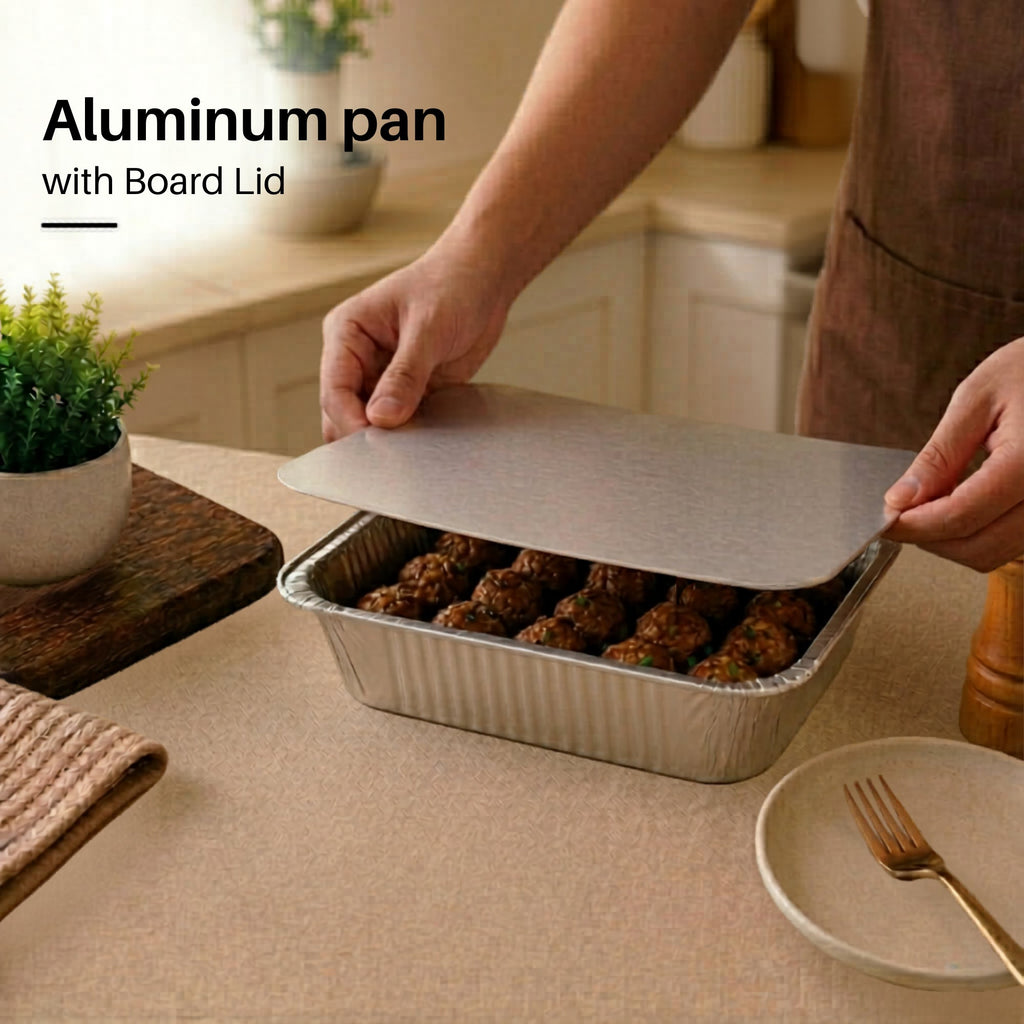 Disposable 5Lb Oblong Aluminum Pan 9.5” x 7” with Board Lid
