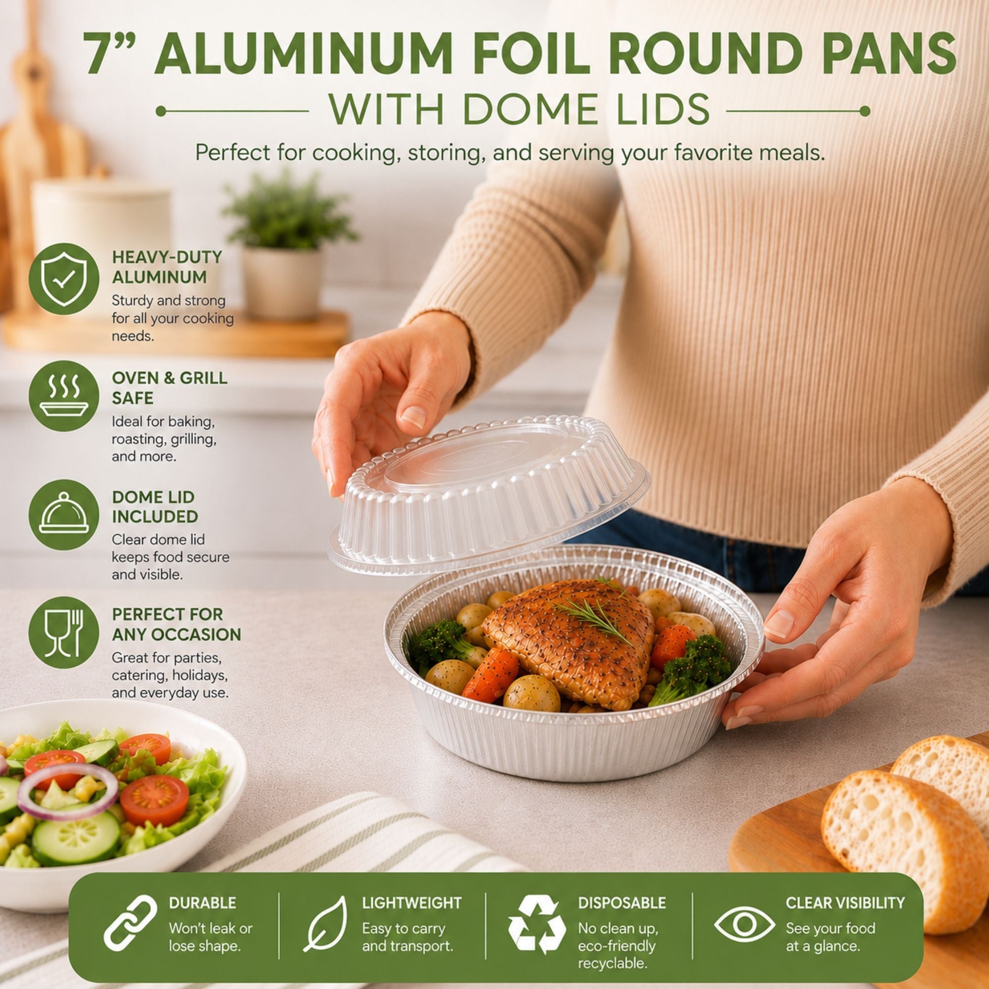 7” Aluminum Disposable Foil Round Pans with Dome Lids